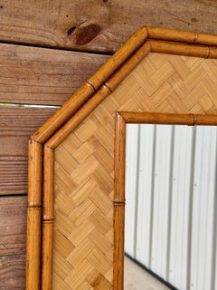 Vintage Octagonal Faux Bamboo and Woven Rattan Wall Mirror