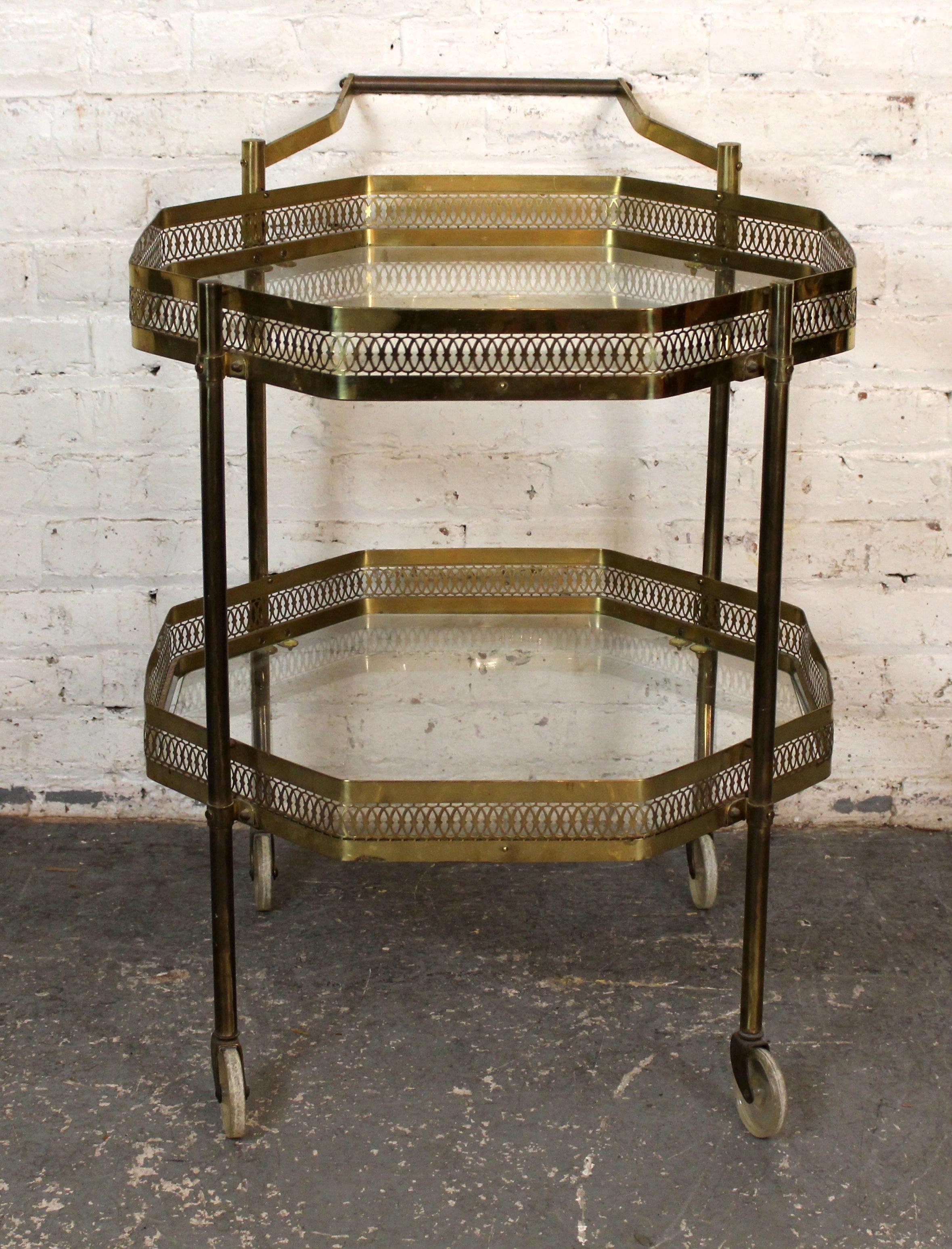 Unknown Vintage Octagonal Hollywood Regency Brass Bar Cart For Sale