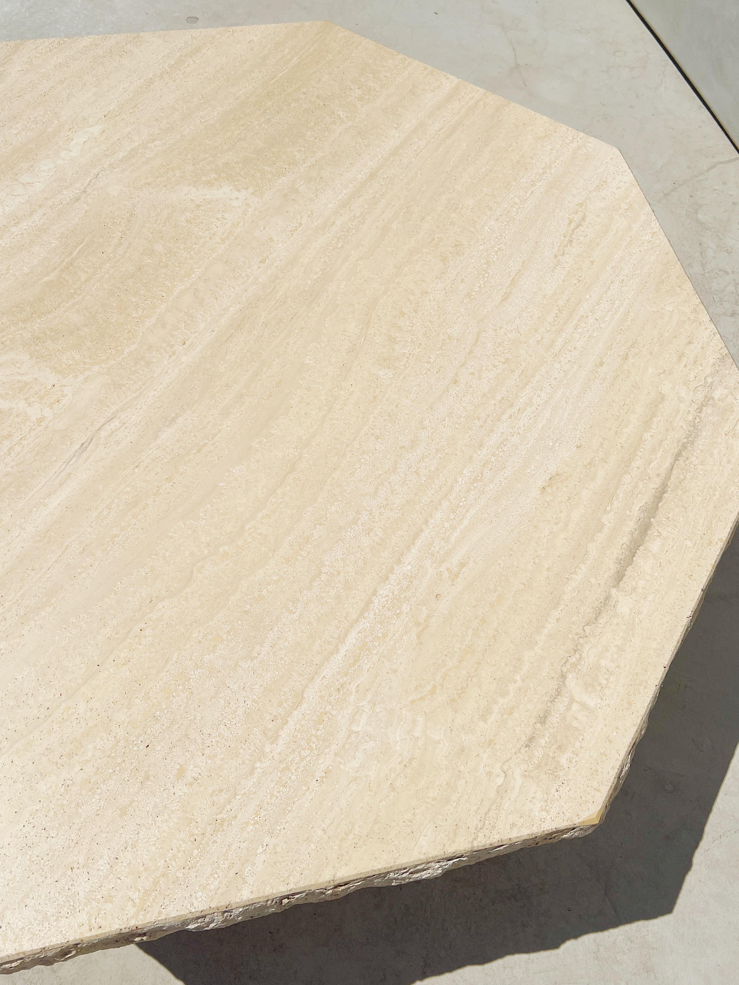 Polished Vintage Octagonal Live Edge Italian Travertine Coffee Table