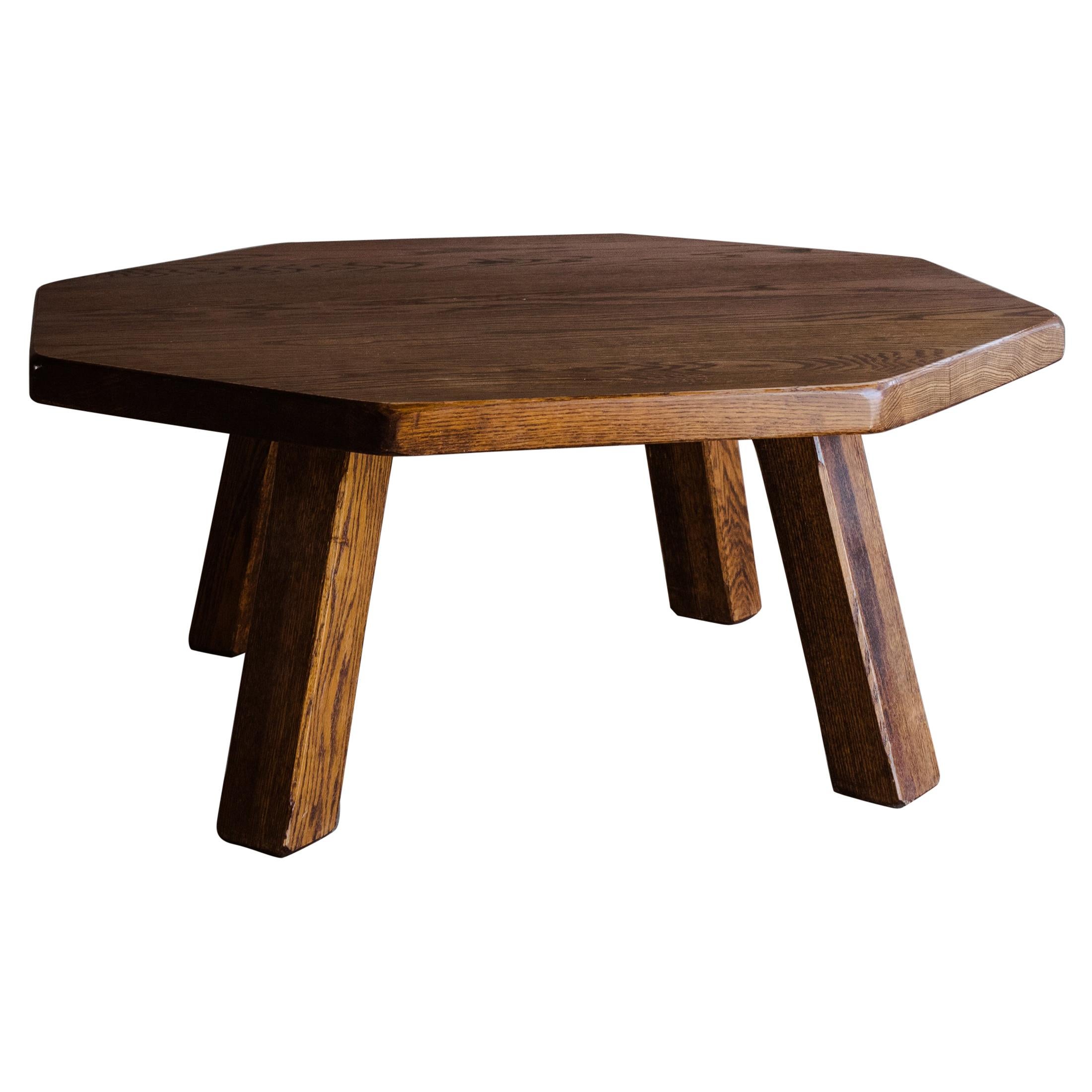Vintage Octagonal Oak Coffee Table From France, Circa 1960