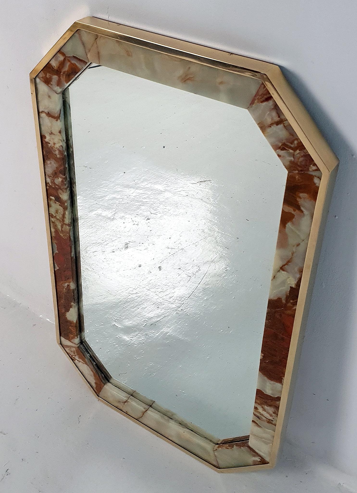 Miroir octogonal vintage en onyx et laiton, Italie en vente 1
