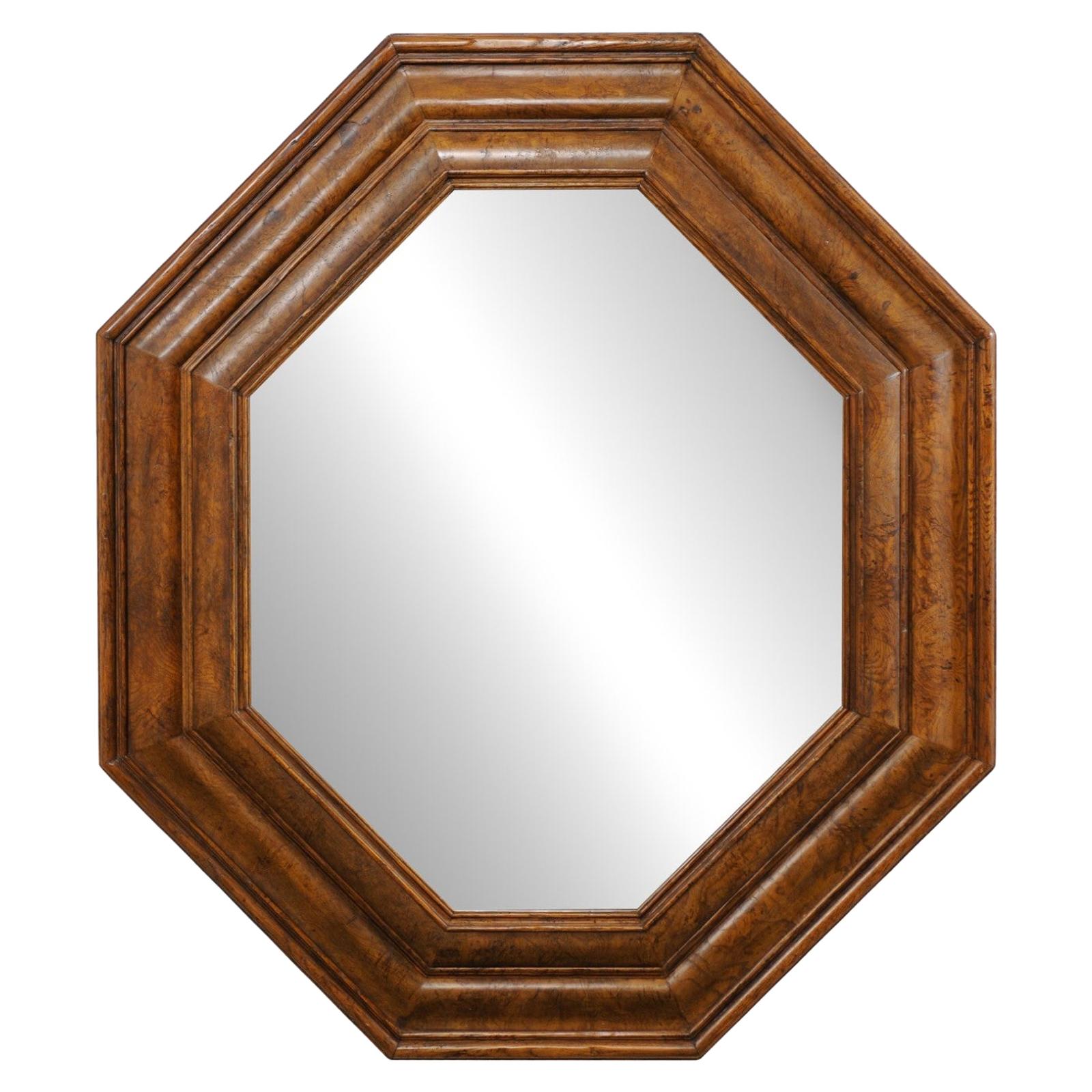 Vintage Octagonal-Shaped Mirror with Burled-Walnut Surround