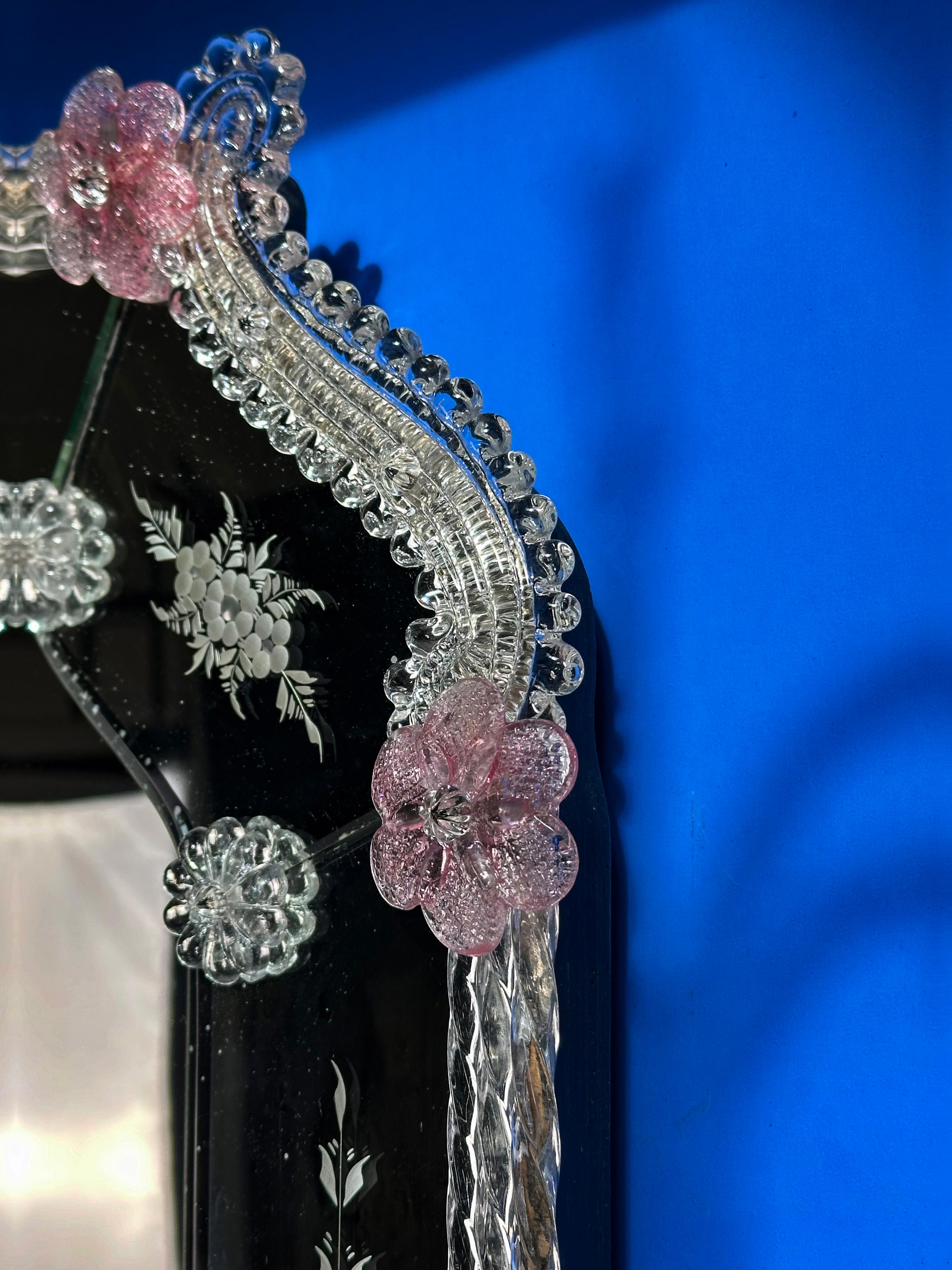 Rococo Vintage Venetian Mirror, with Pink Murano Glass Flowers For Sale