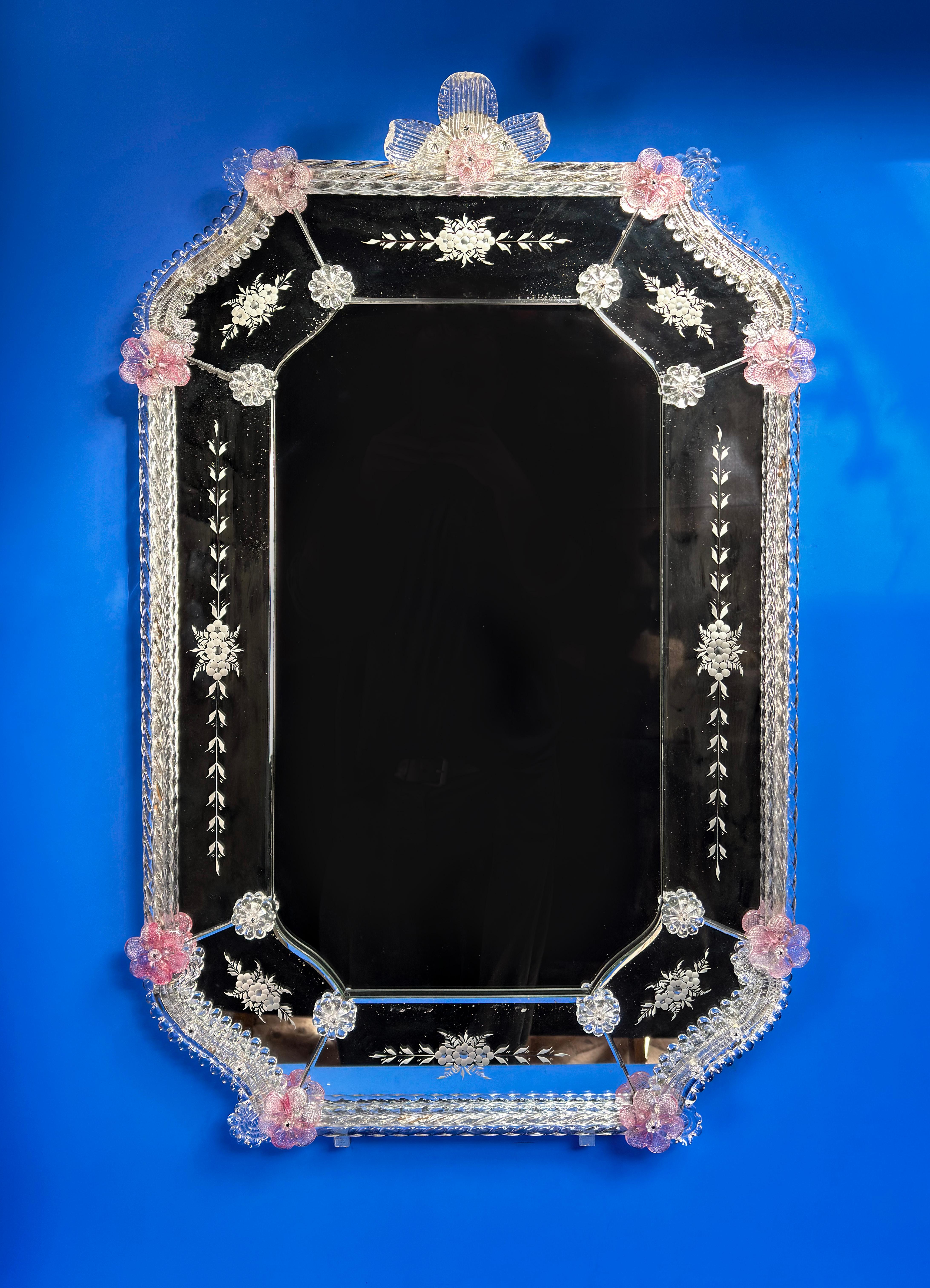 Vintage Venetian Mirror, with Pink Murano Glass Flowers For Sale 1