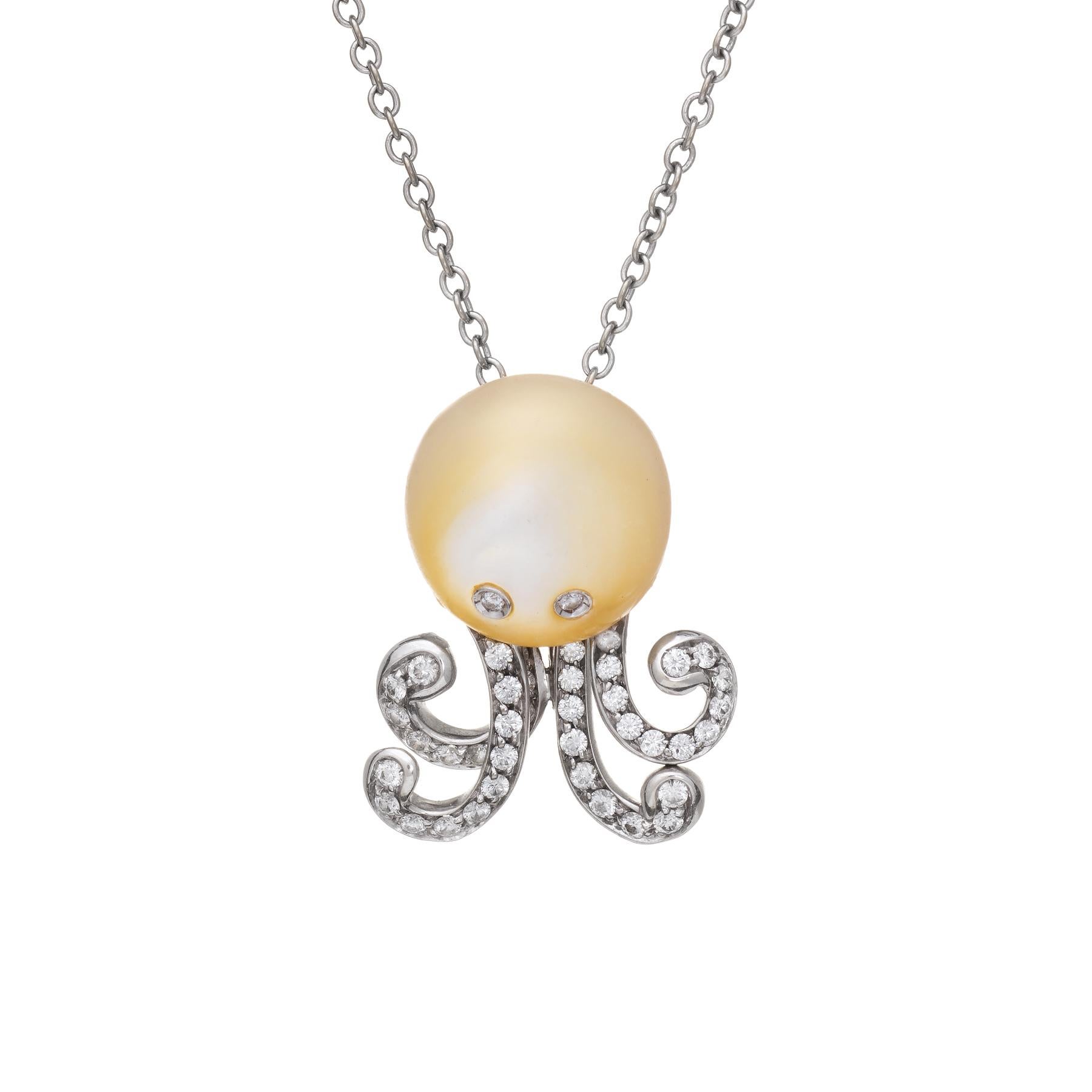 Charming and finely detailed Octopus necklace, crafted in 18 karat white gold.  

The head of the Octopus is comprised of mother-of-pearl measuring 15mm. The diamonds total an estimated 0.39 carats (estimated at H-I color and VS2-SI1 clarity). The