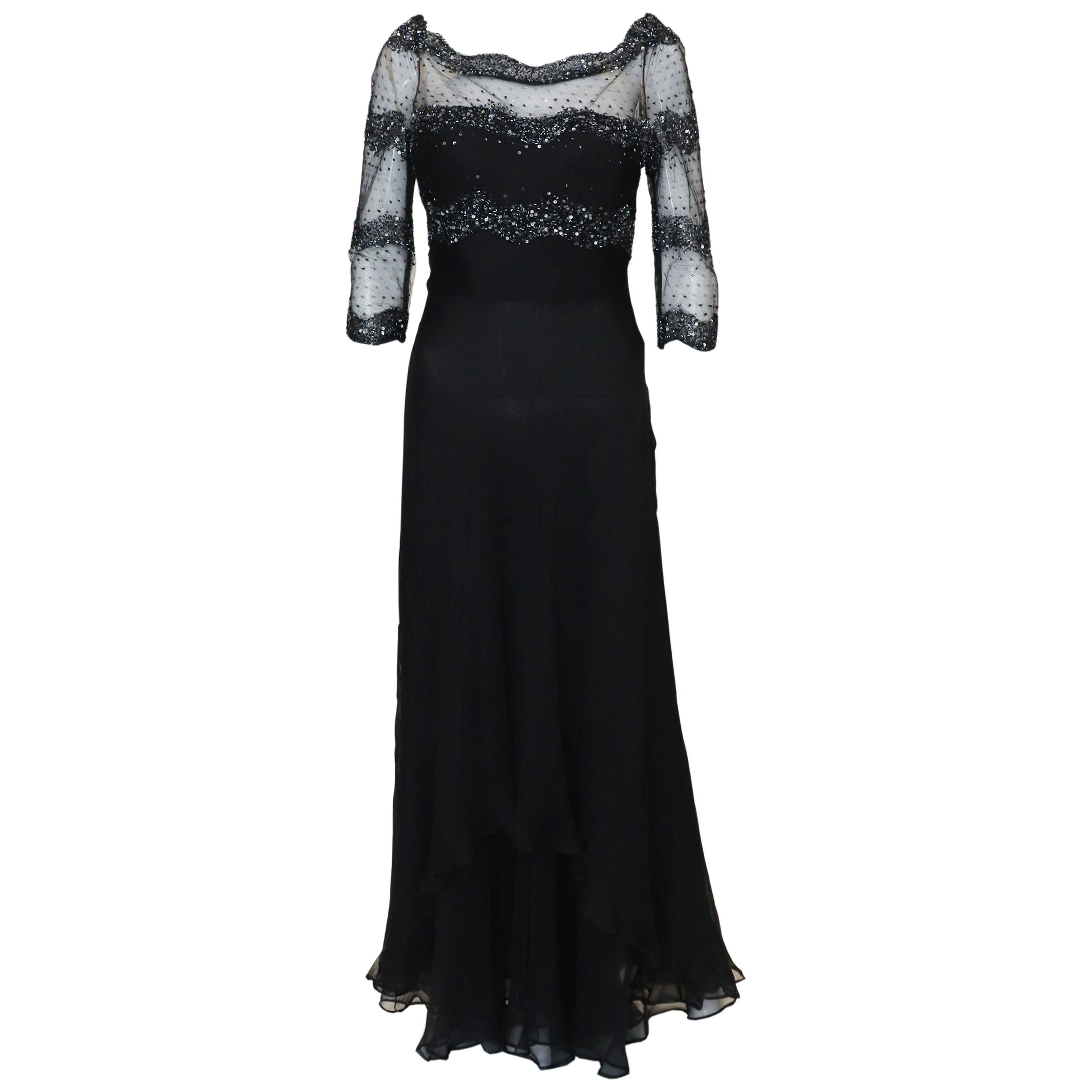Vestido de noche vintage Odiccini Couture de seda, lentejuelas y cuentas en venta