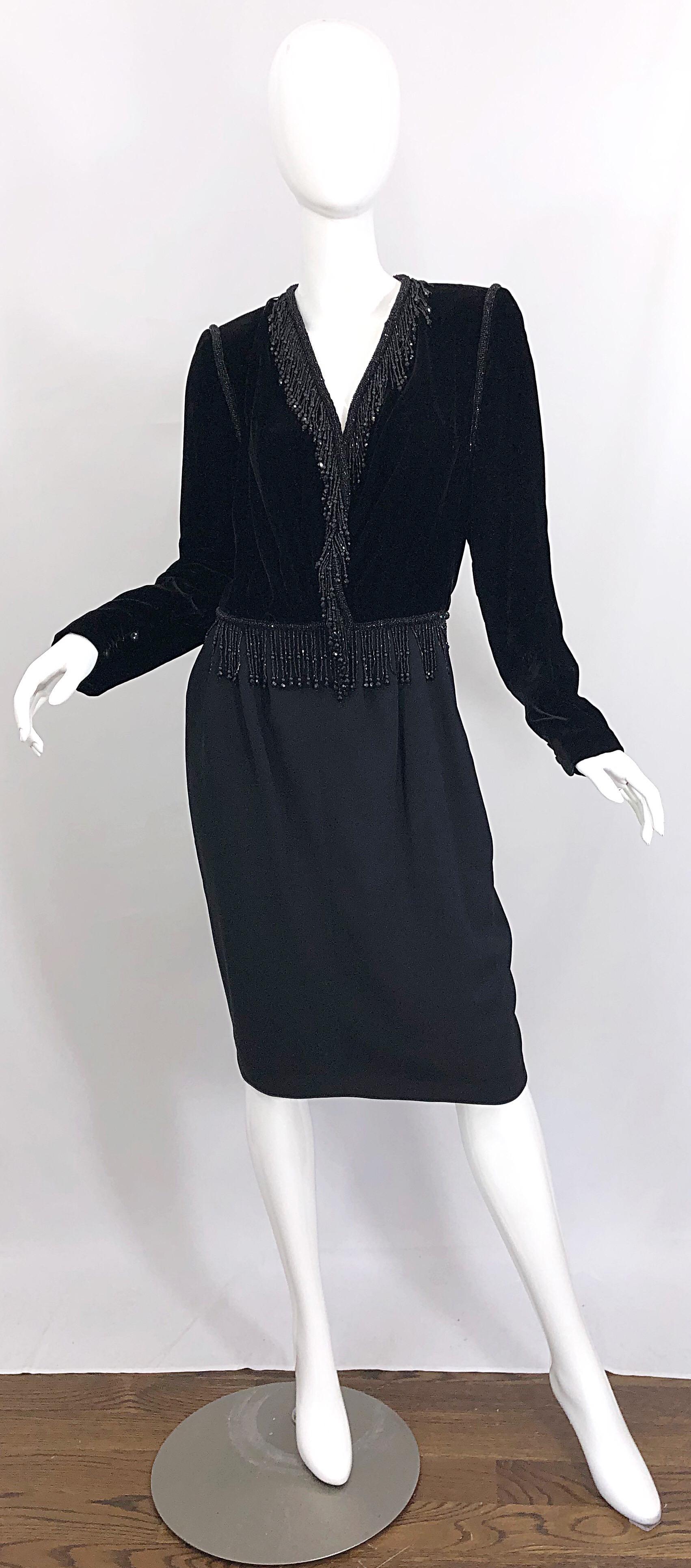 Vintage Odicini Couture Black Velvet Rayon Beaded Large Size Long Sleeve Dress For Sale 6