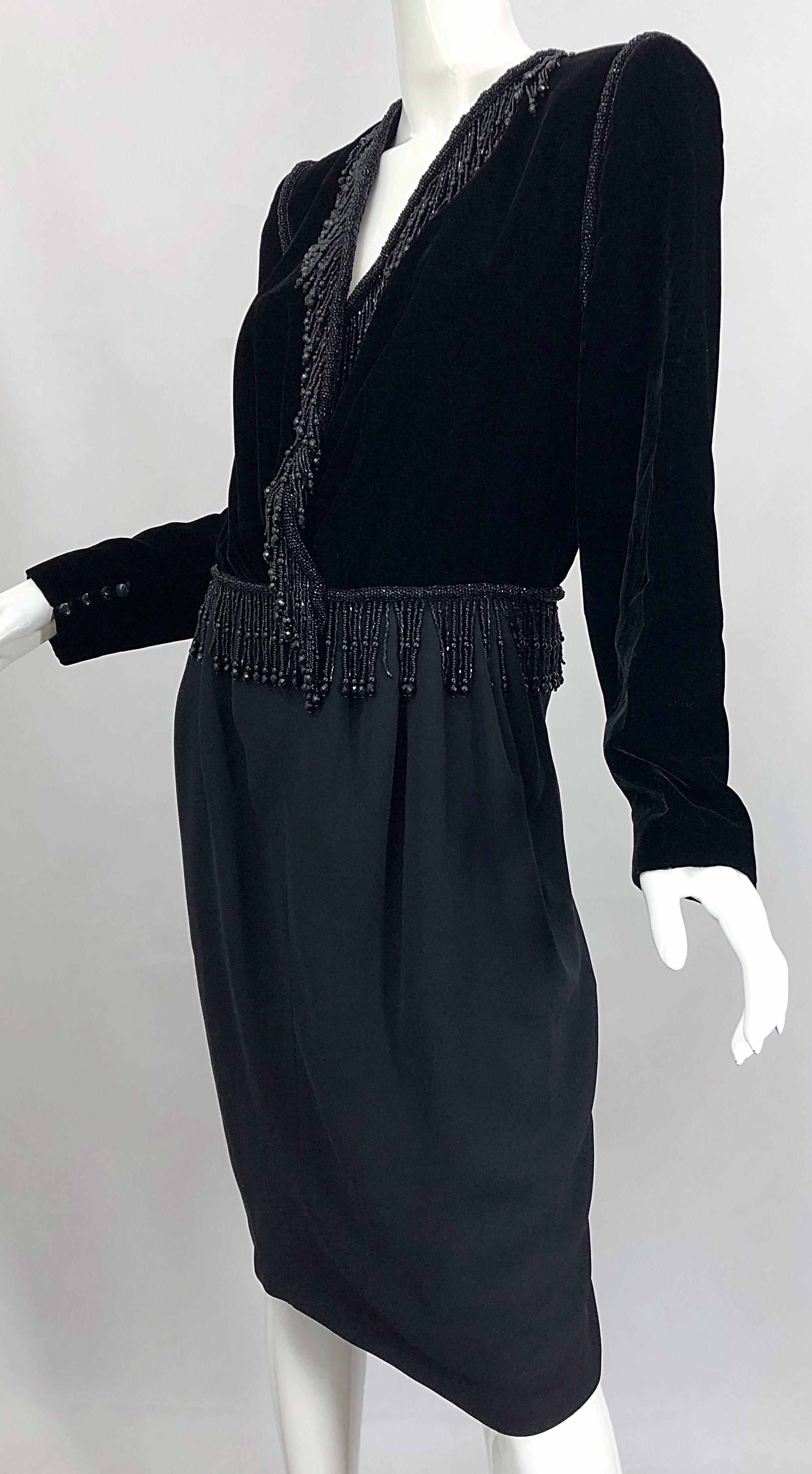 Vintage Odicini Couture Black Velvet Rayon Beaded Large Size Long Sleeve Dress For Sale 8