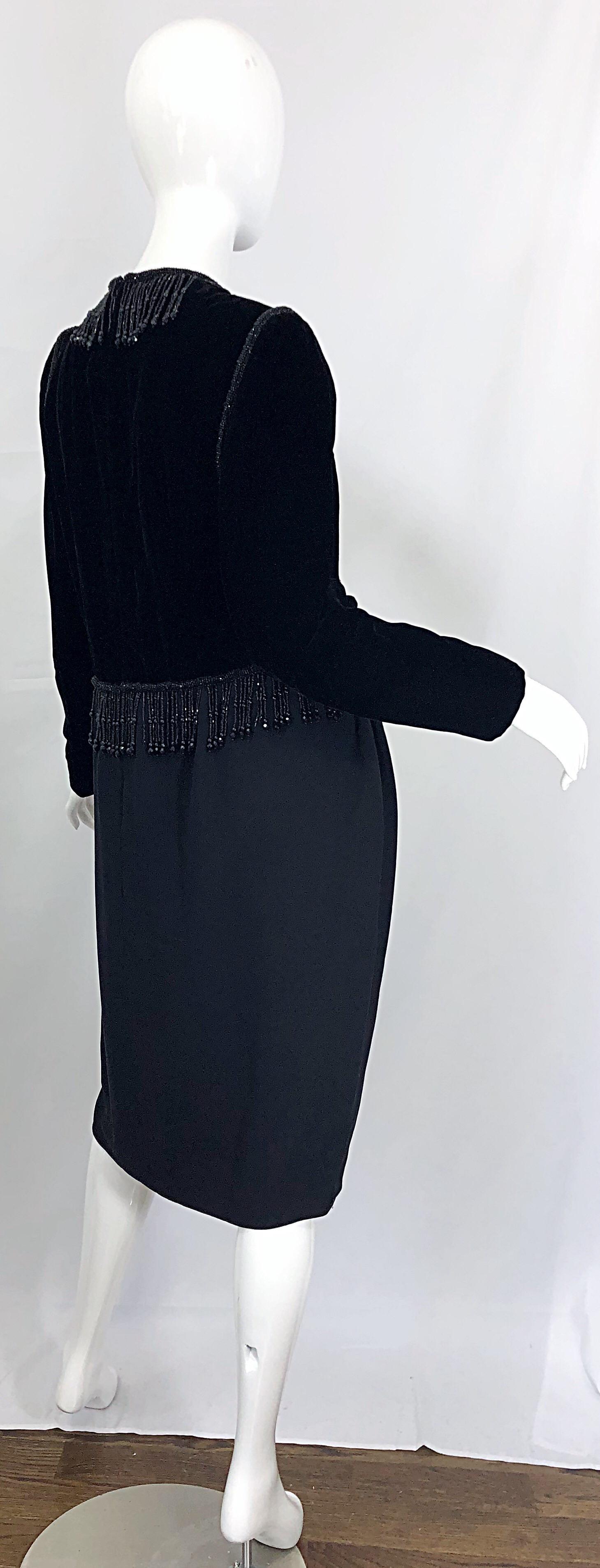 Vintage Odicini Couture Black Velvet Rayon Beaded Large Size Long Sleeve Dress For Sale 9