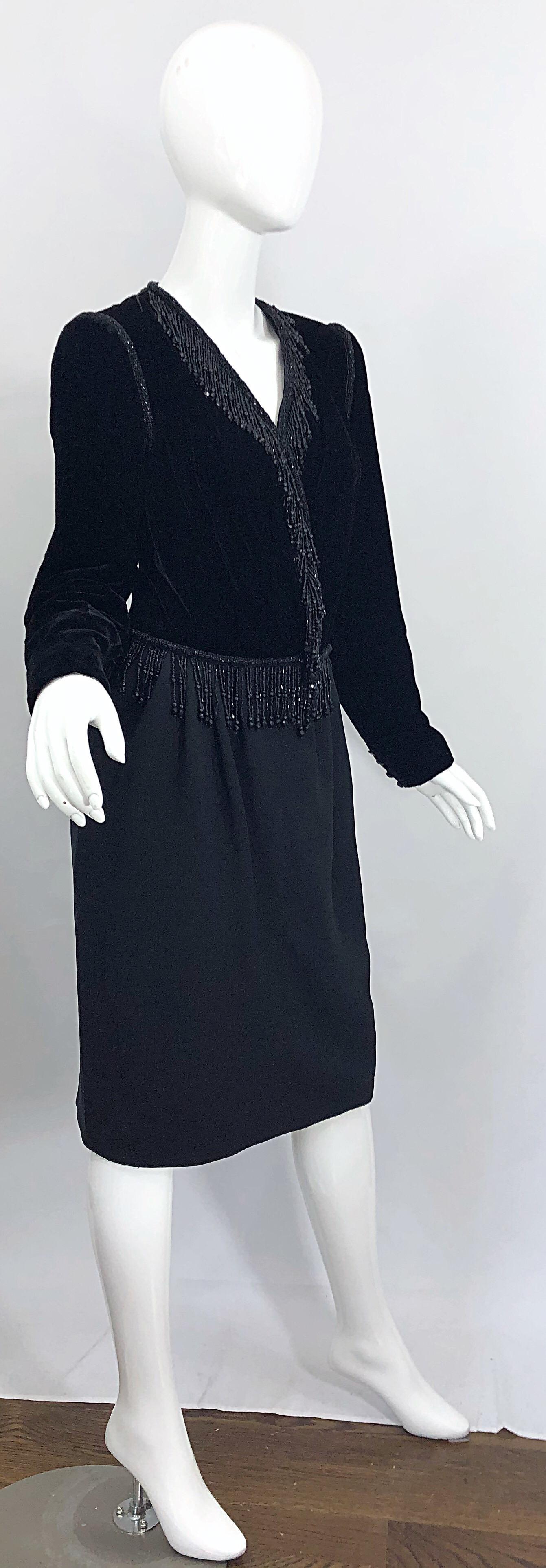 Vintage Odicini Couture Black Velvet Rayon Beaded Large Size Long Sleeve Dress For Sale 10