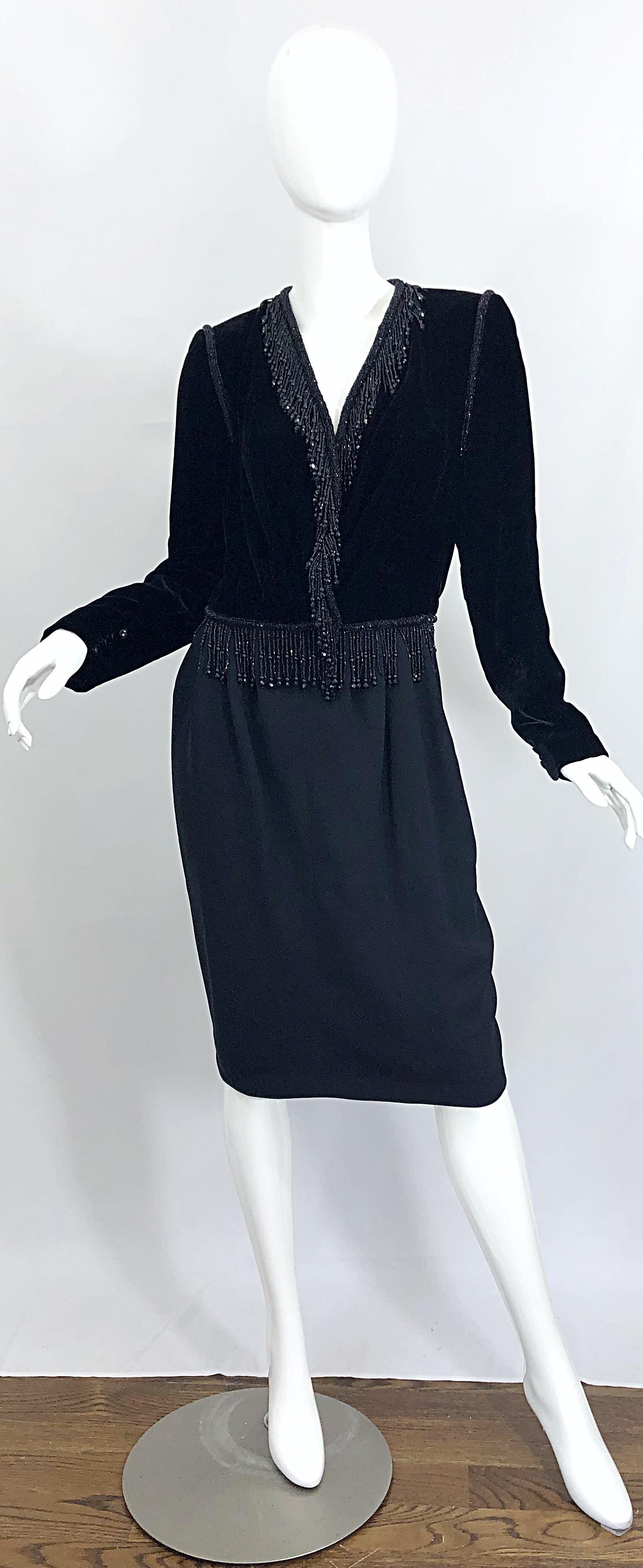 Beautiful vintage ODICINI COUTURE larger size black velvet and rayon beaded long sleeve dress ! I scooped this beauty up in Rome last year ( before Coronavirus COVID days ) from a well known socialite's estate.
Black velvet bodice with hand-sewn
