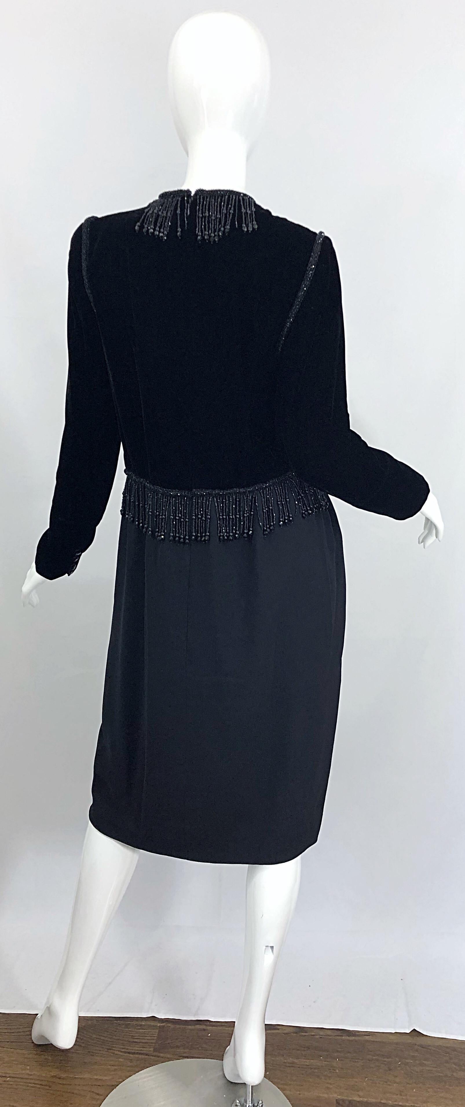 Vintage Odicini Couture Black Velvet Rayon Beaded Large Size Long Sleeve Dress In Excellent Condition For Sale In San Diego, CA
