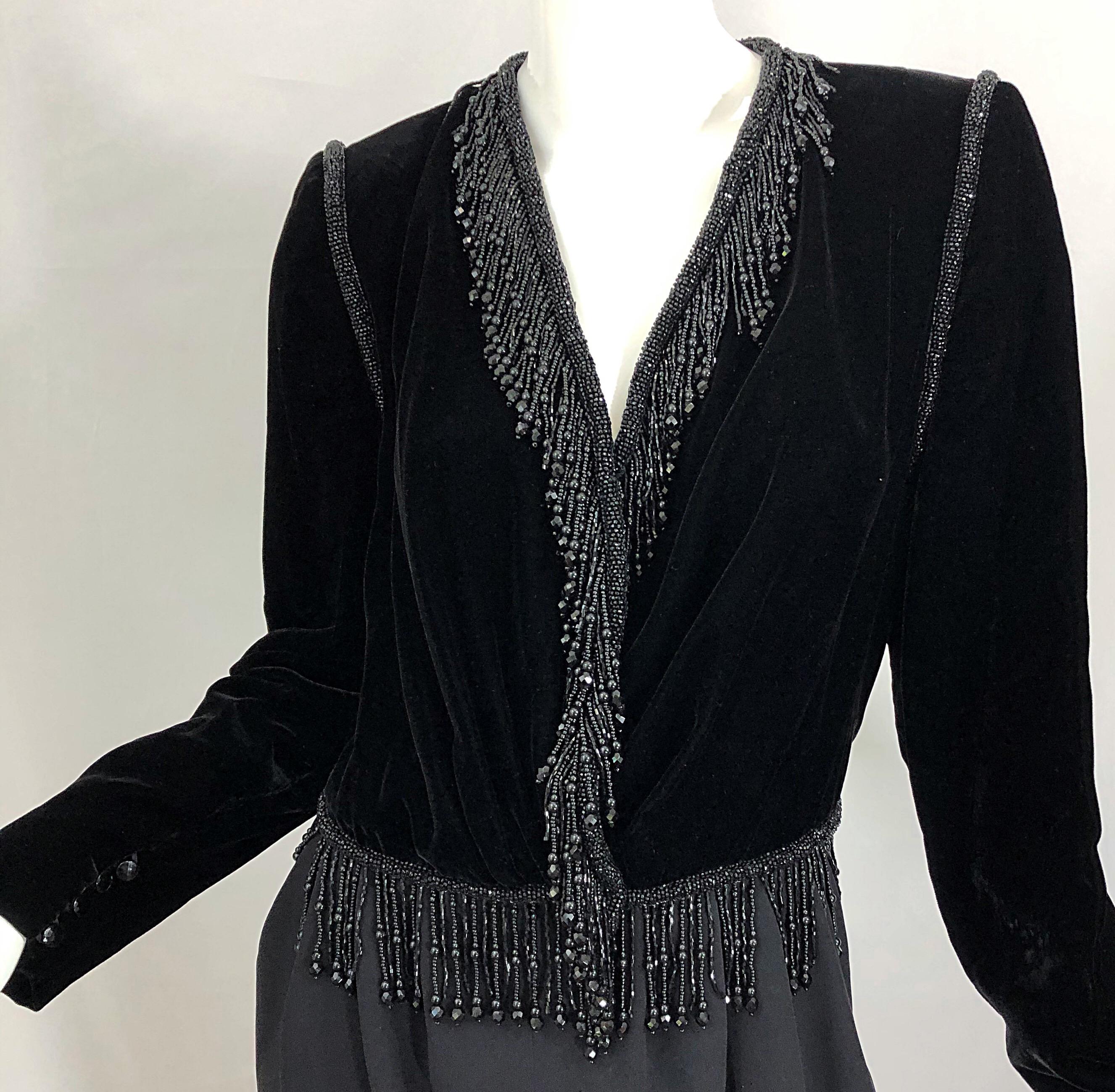 Women's Vintage Odicini Couture Black Velvet Rayon Beaded Large Size Long Sleeve Dress For Sale