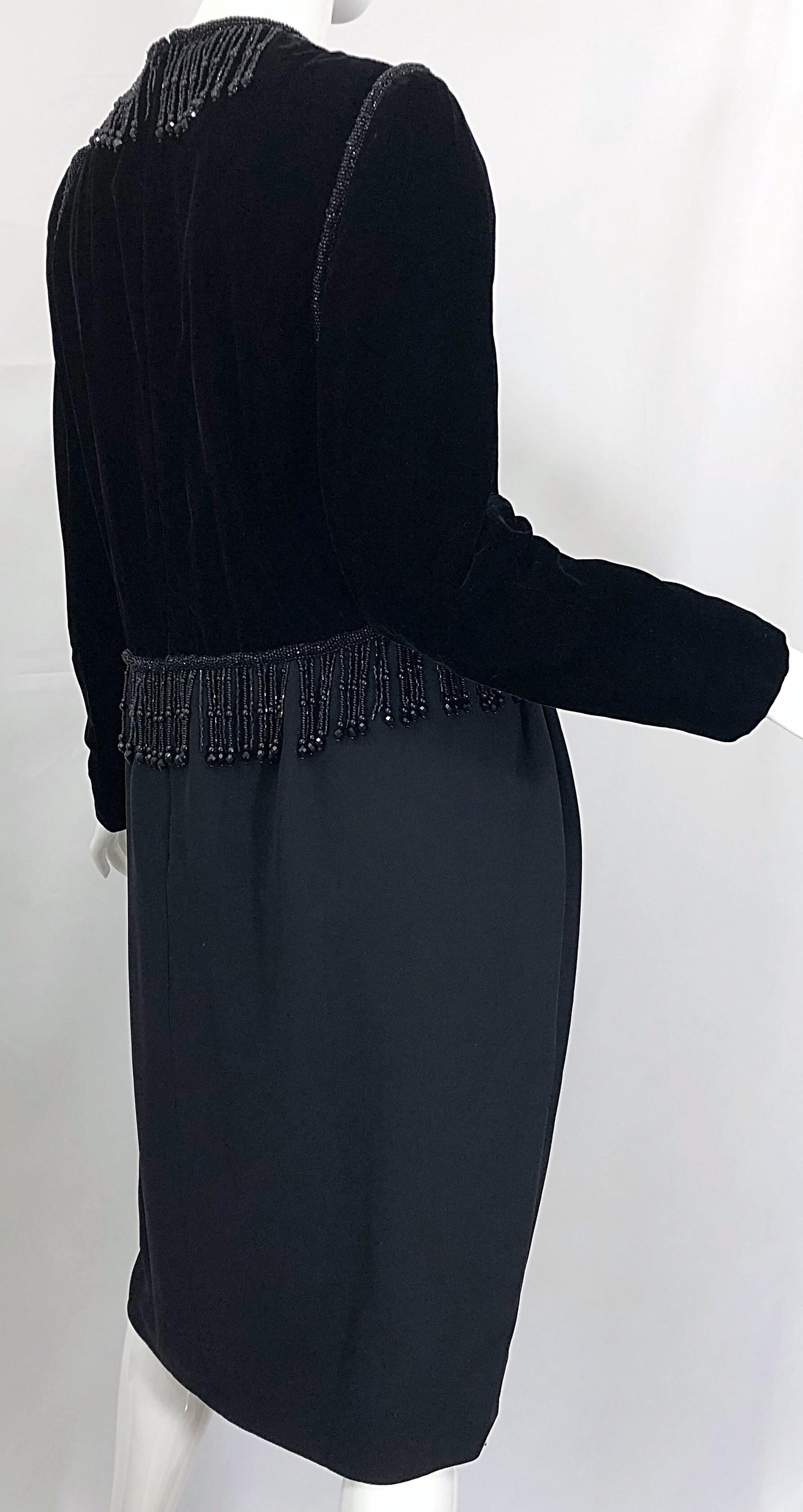 Vintage Odicini Couture Black Velvet Rayon Beaded Large Size Long Sleeve Dress For Sale 1