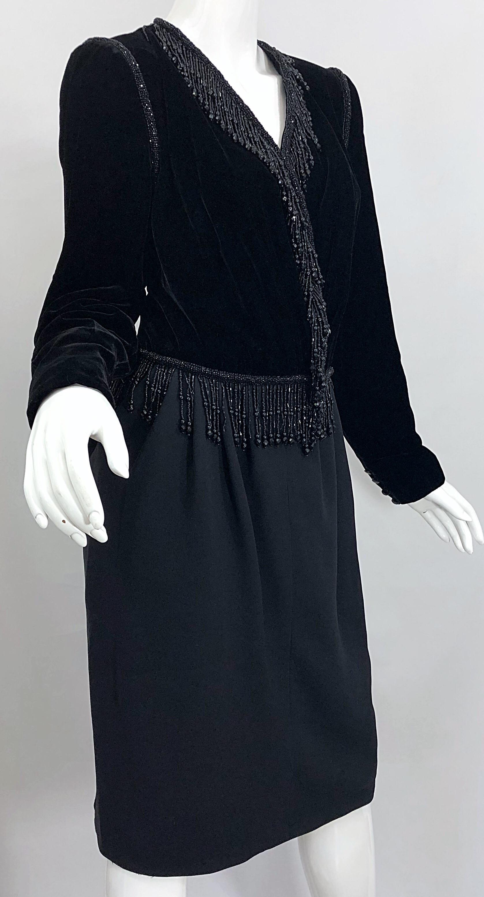 Vintage Odicini Couture Black Velvet Rayon Beaded Large Size Long Sleeve Dress For Sale 3