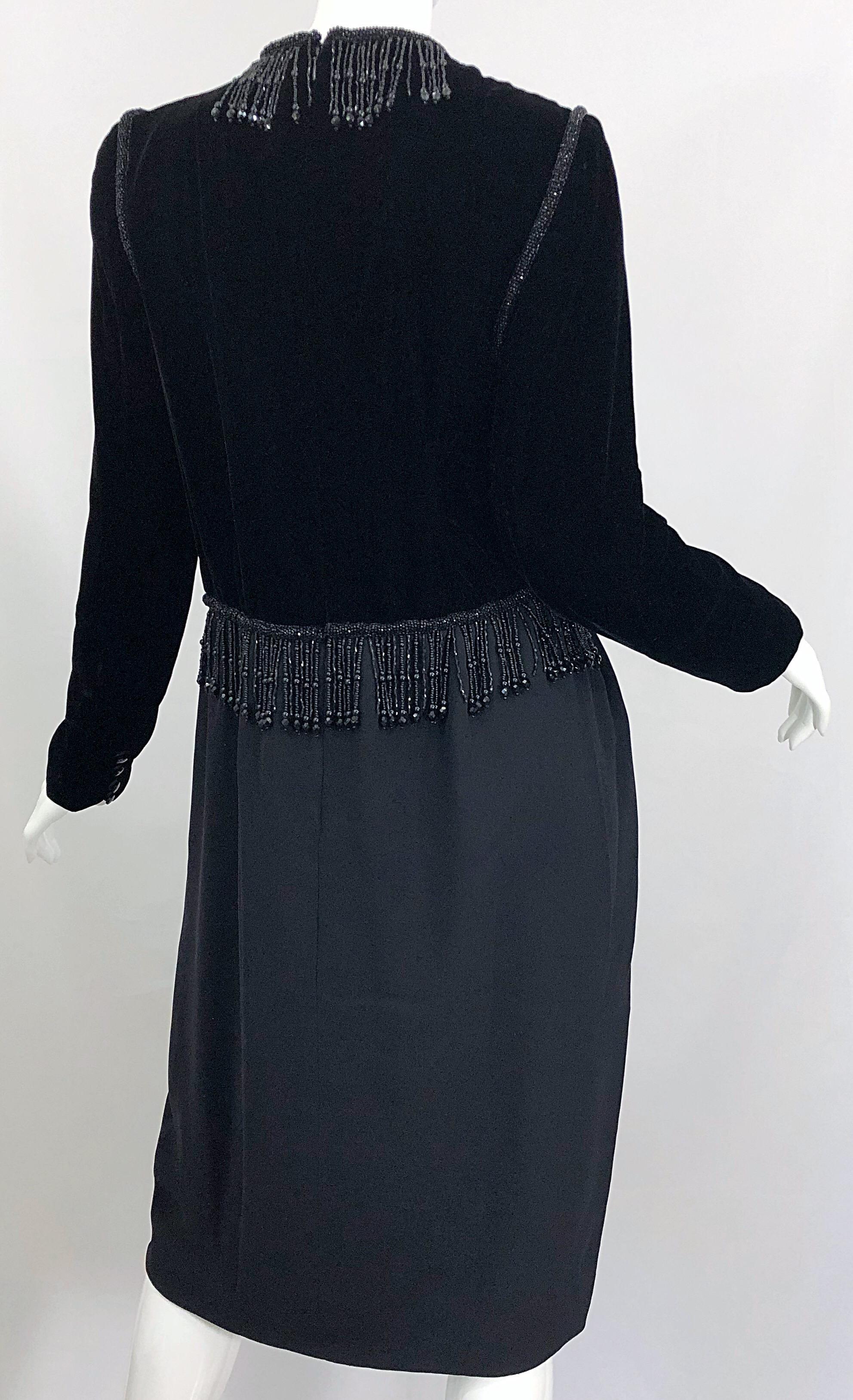 Vintage Odicini Couture Black Velvet Rayon Beaded Large Size Long Sleeve Dress For Sale 5