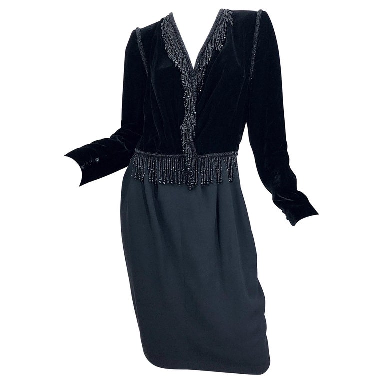 Vintage Odicini Couture Black Velvet Rayon Beaded Large Size Long Sleeve  Dress For Sale at 1stDibs