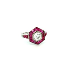 Vintage OEC Diamond and Buff Top Ruby Hexagon Platinum Ring