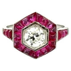 Bague vintage en platine avec diamant OEC et rubis Buff Top Hexagone