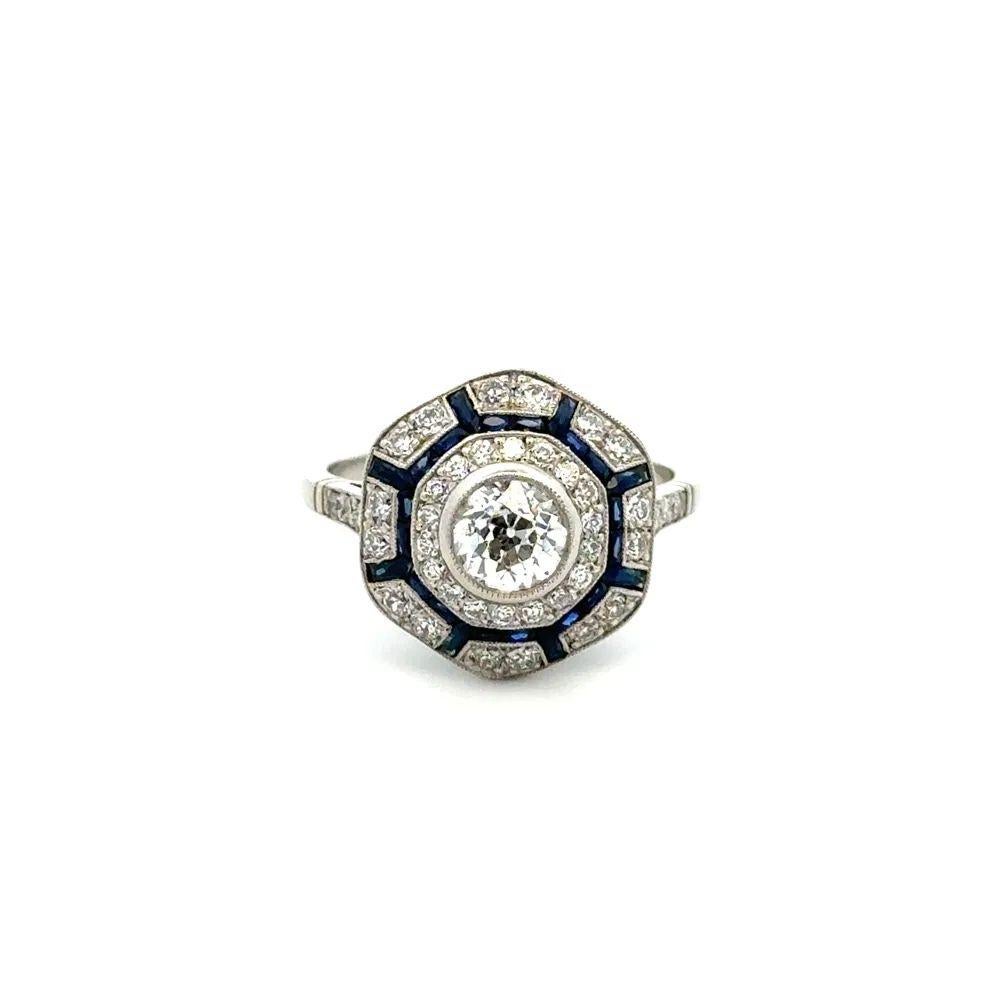Mixed Cut Vintage OEC Diamond and Sapphire Platinum Statement Ring For Sale
