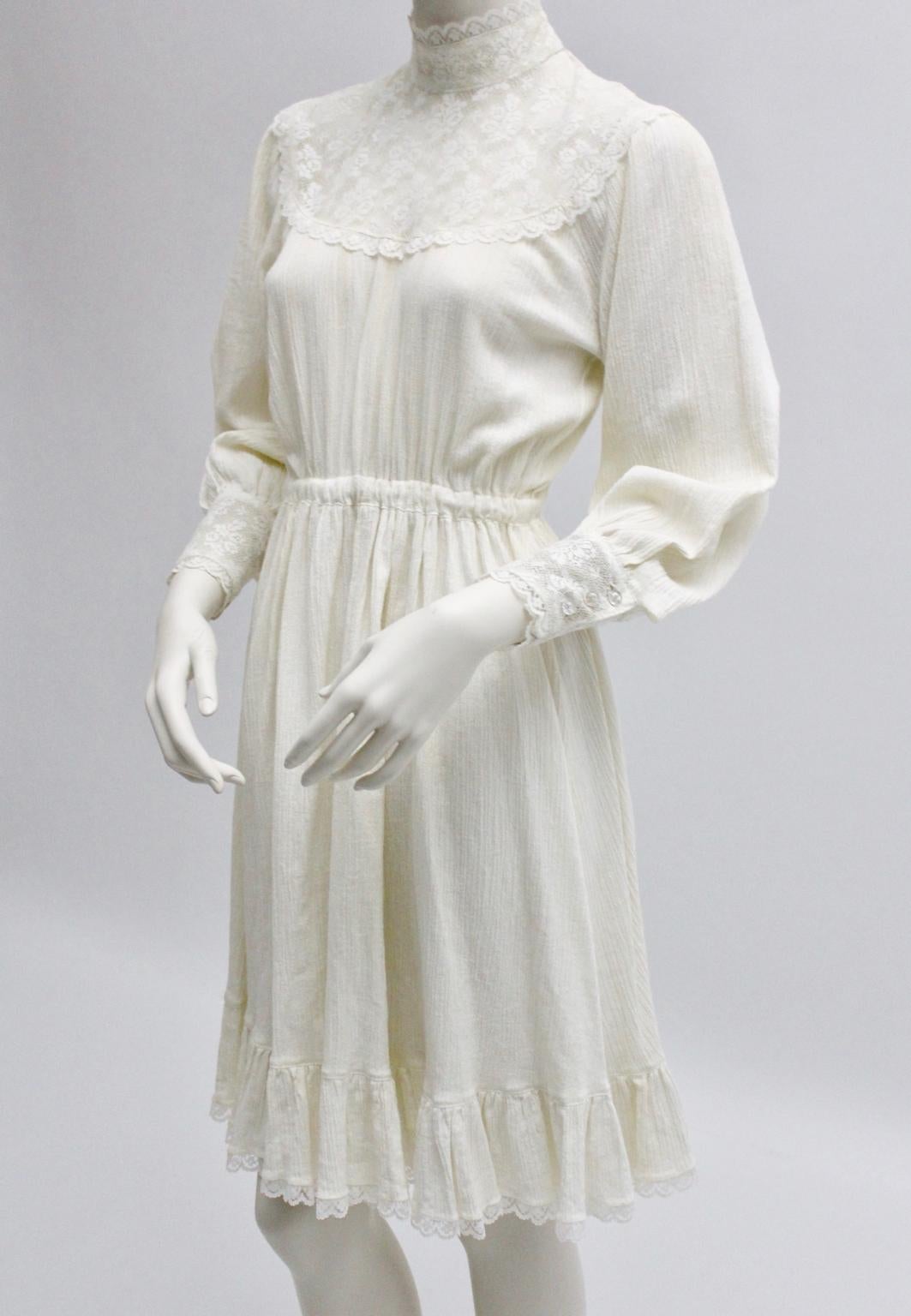 Gray Vintage Off White Boho Day Dress with Laces 1970s France For Sale