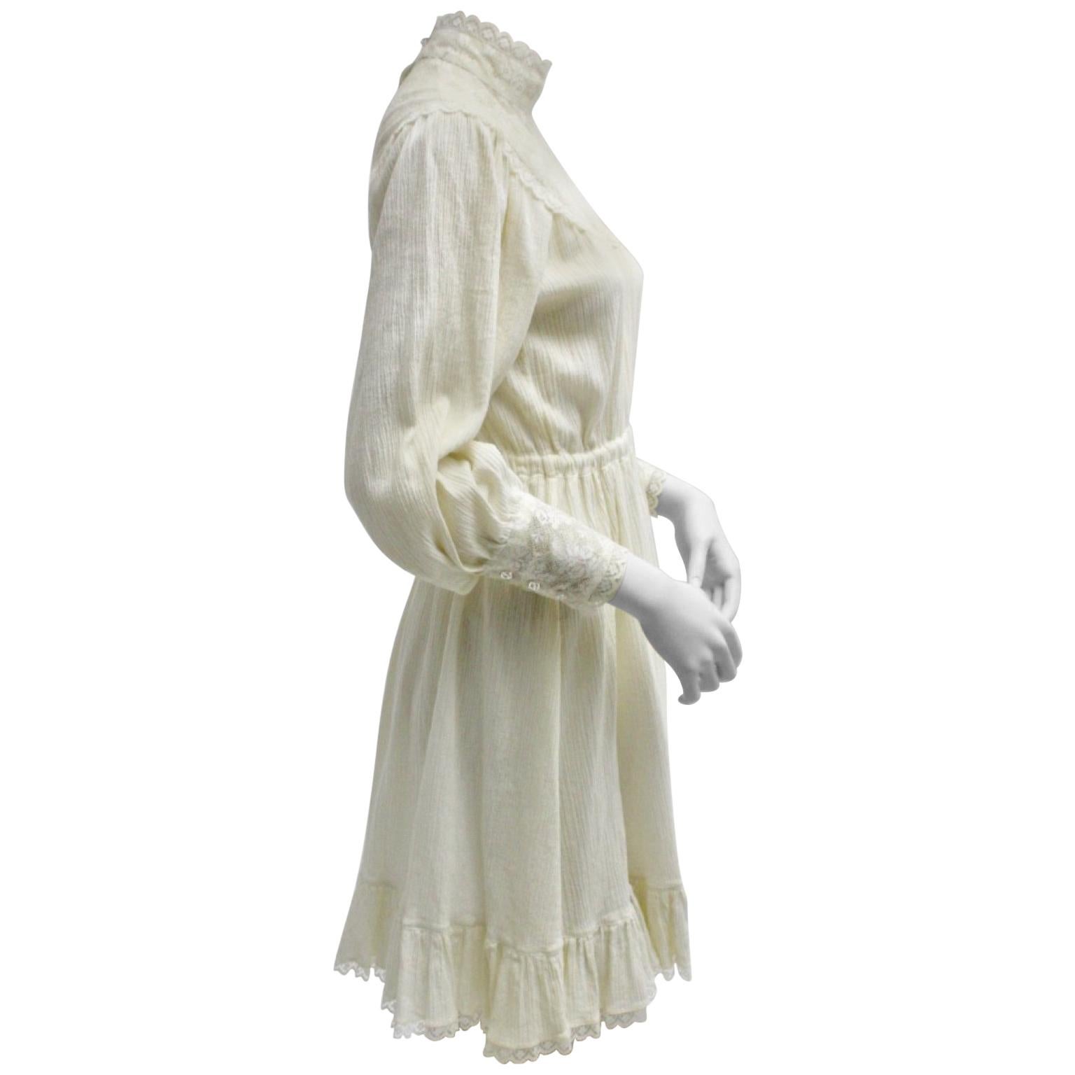 Vintage Off White Boho Day Dress with Laces 1970s France For Sale