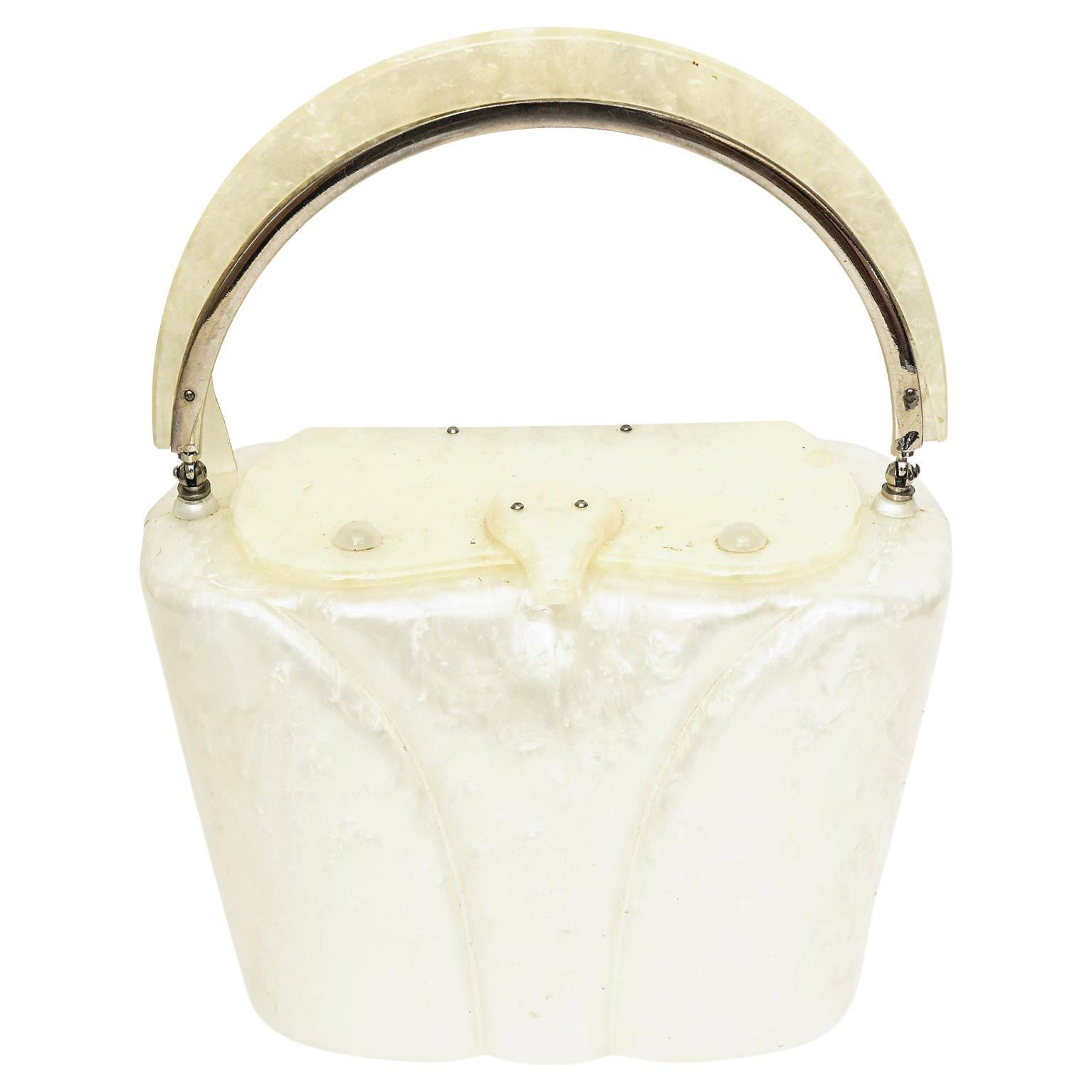 Vintage Off White Pearlized Lucite Top Handle Handle