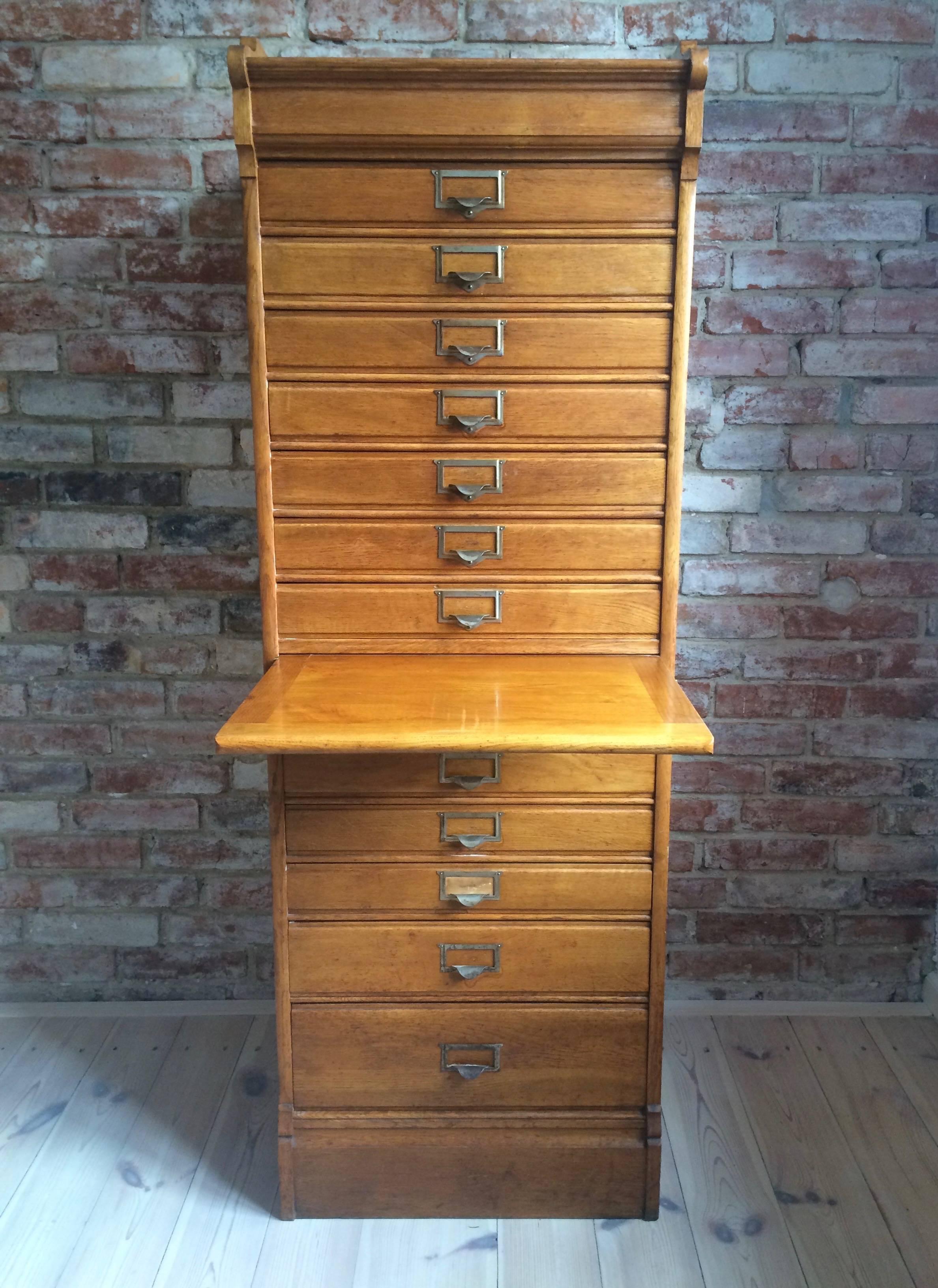 Danish Vintage Office Cabinet with 13 Drawers, Oak, Brass Hardware