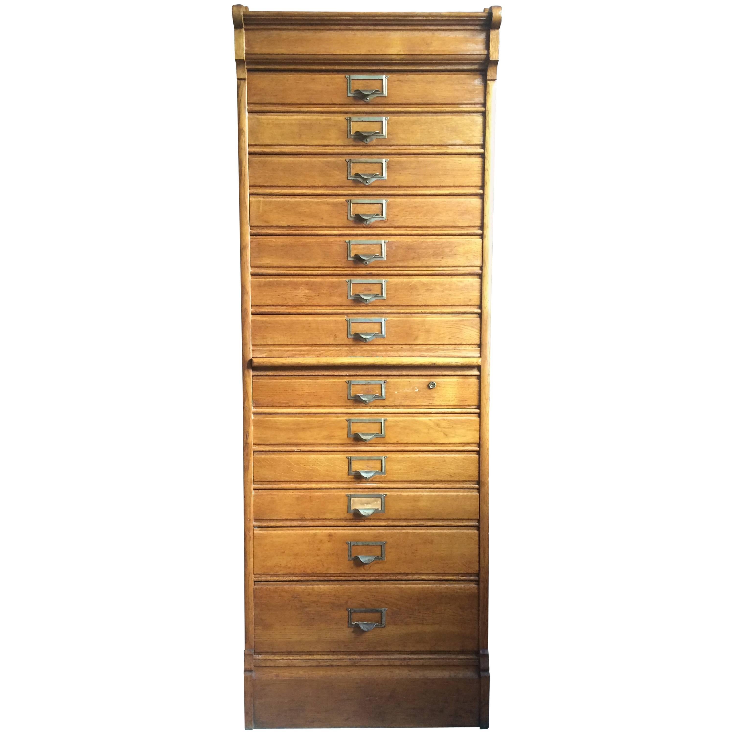 Vintage Office Cabinet with 13 Drawers, Oak, Brass Hardware
