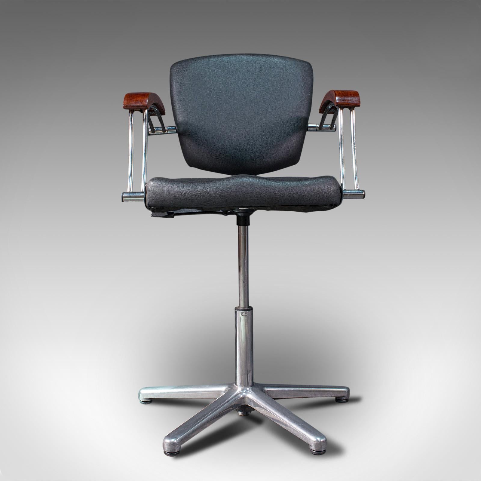 Mid-Century Modern Vintage Office Chair, English, Industrial, Beech, Adjustable, Desk Seat, C.1980