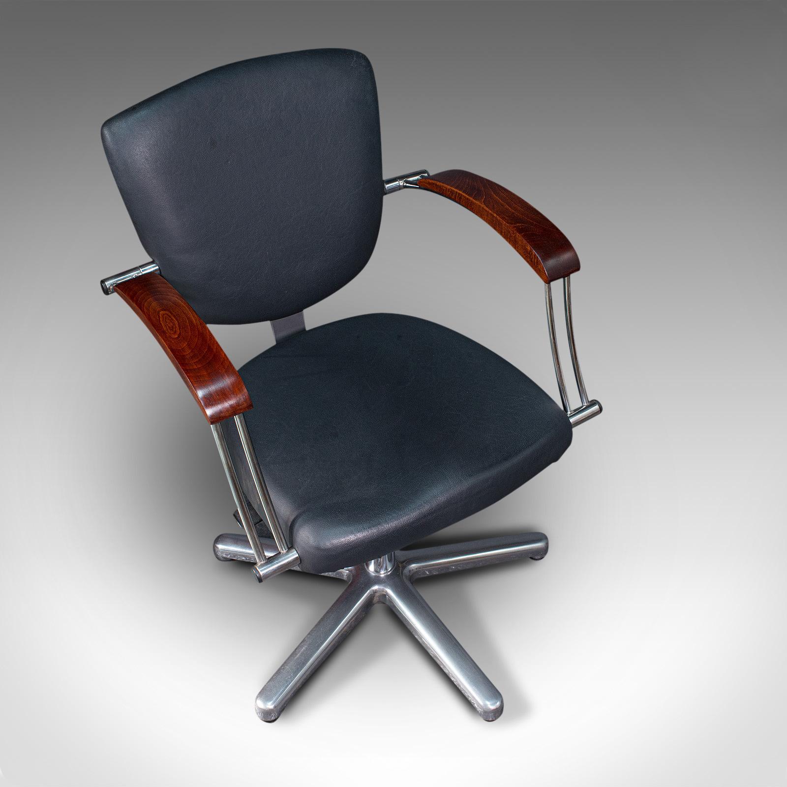 Faux Leather Vintage Office Chair, English, Industrial, Beech, Adjustable, Desk Seat, C.1980