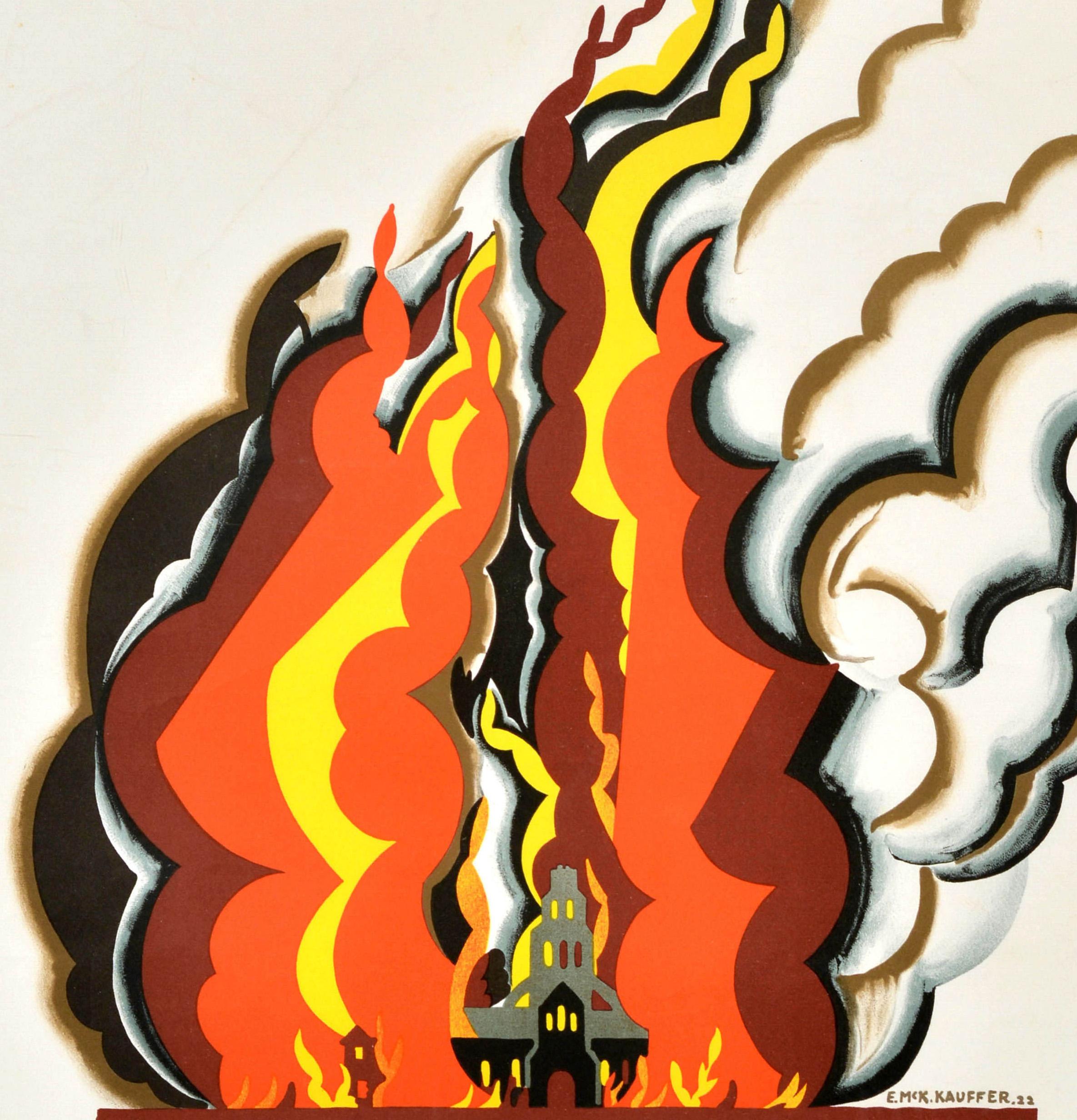 Vintage official reproduction poster issued for London Underground featuring artwork by one of the most renowned poster artists of the 20th century Edward McKnight Kauffer (1890-1954) of the Great Fire of London with the bright orange, red and