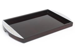 Vintage Oggetti Lacquered Mahogany Wood Large Oblong Tray With Chromed Handles