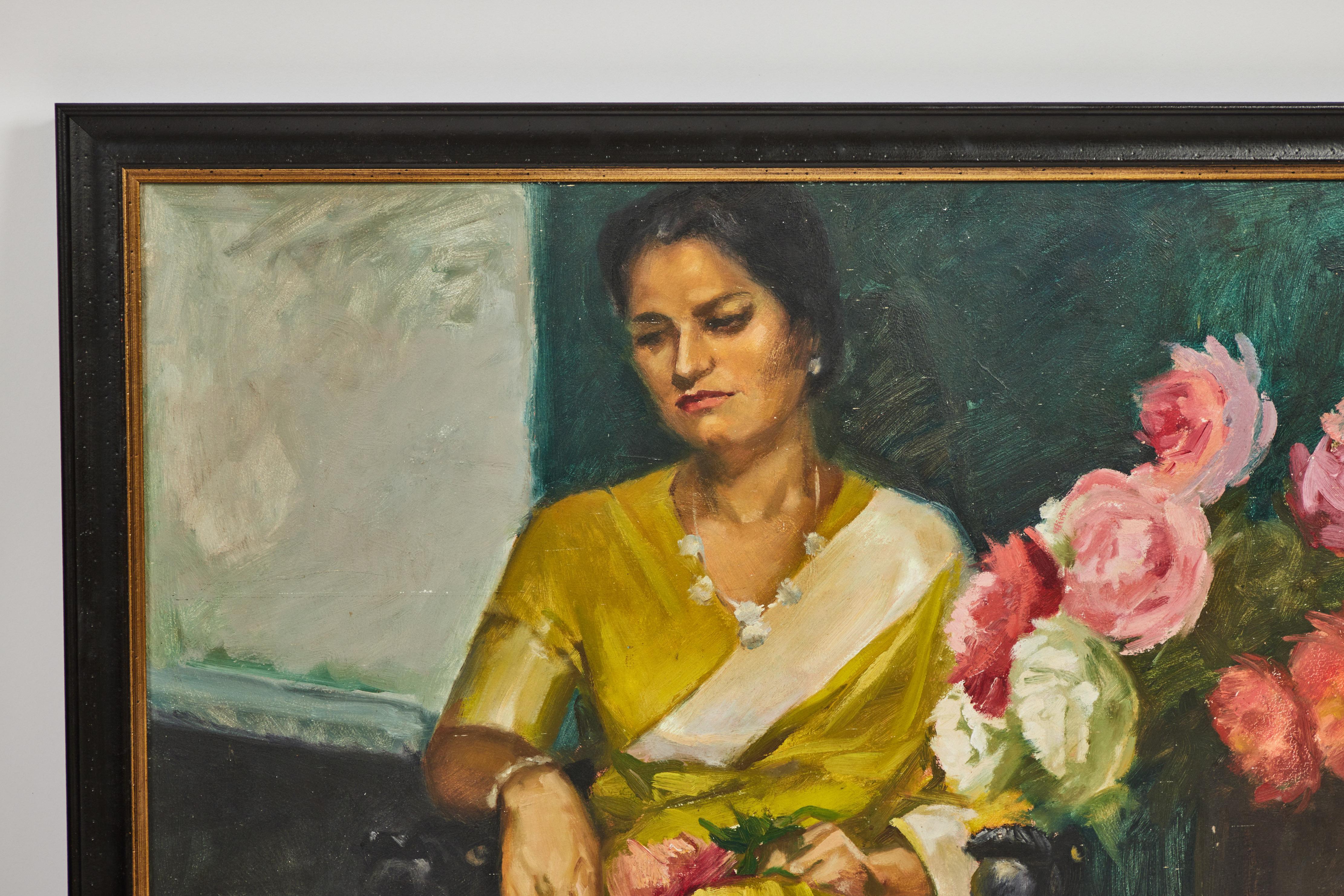 Vintage oil on board painting is an early portrait of Indira Gandhi (1917-1984). Young Gandhi is in a stately yellow long dress with beautiful pink roses by her side. This piece has been newly framed.