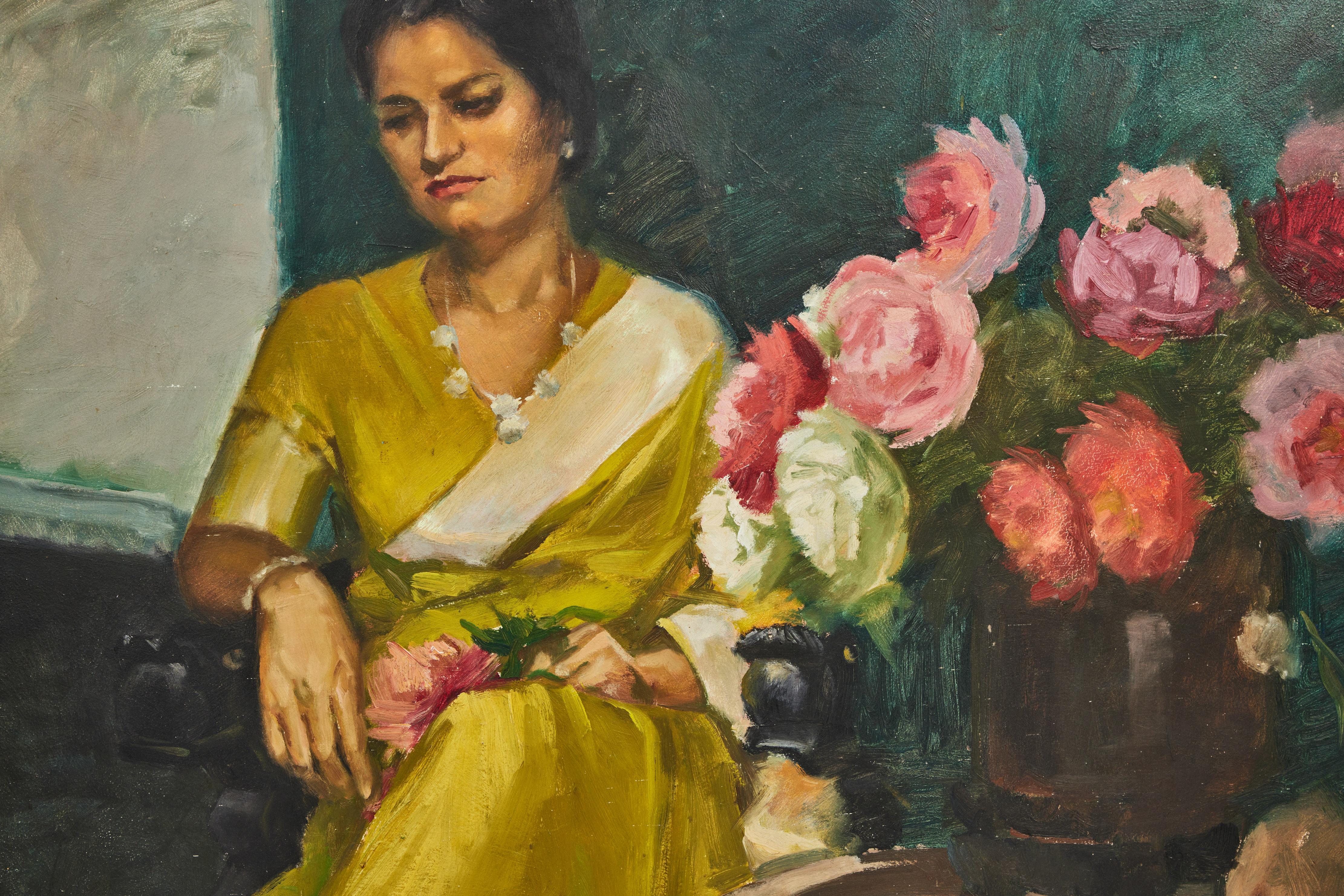 Vintage Oil on Board, Early Portrait of Indira Gandhi In Good Condition In Pasadena, CA