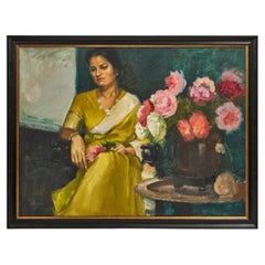 Vintage Oil on Board, Early Portrait of Indira Gandhi