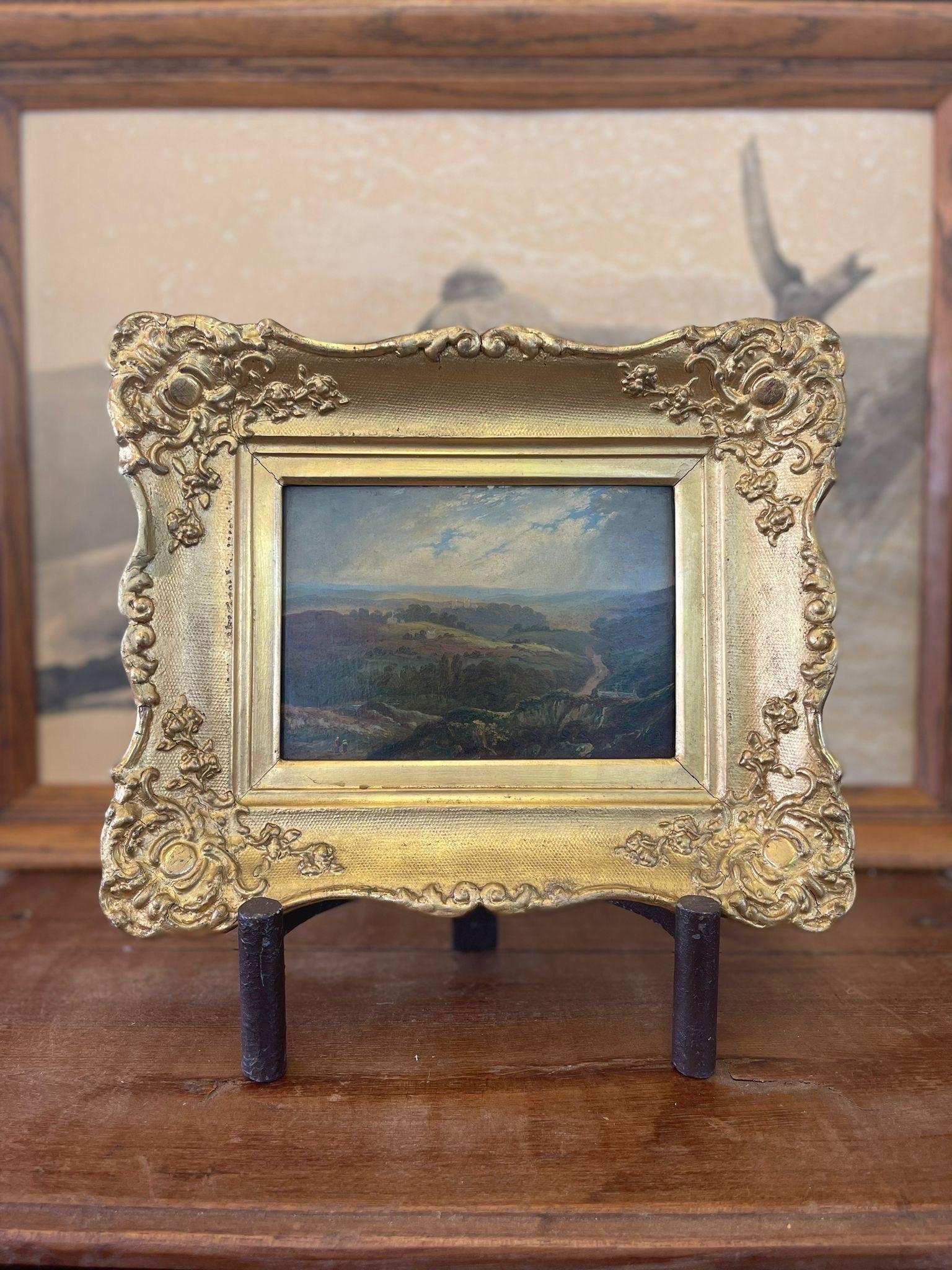 Antique Style Painting Featuring Two People walking Through a Forest Landscape. Splitting and Wear Consistent with Age. French Style Gold Colored Frame.Sticker Saying Staffordshire on Back as Pictured.

Dimensions. Painting. 7 1/2 W ; 5 1/2 H
