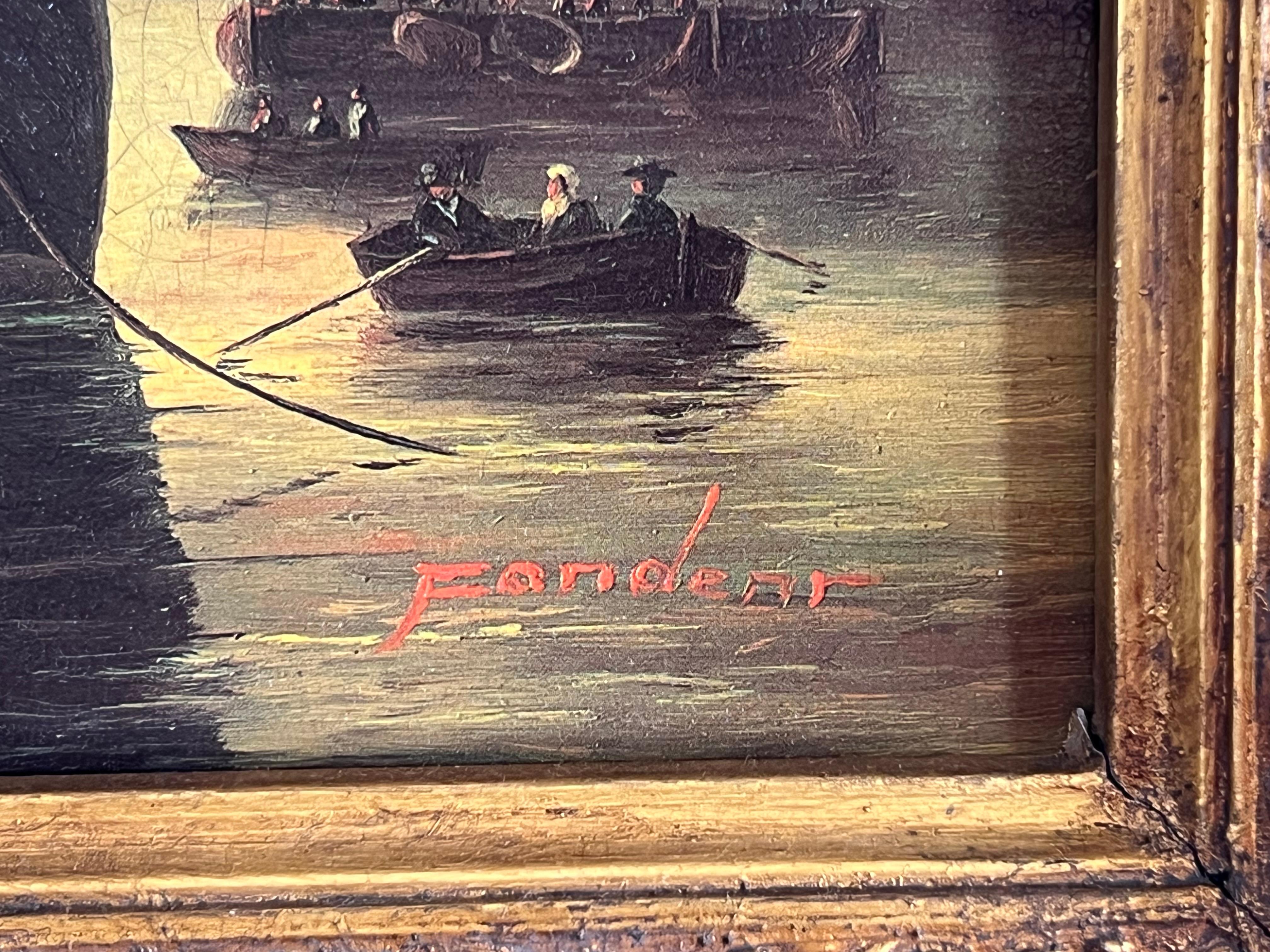Vintage Öl auf Brett von Französisch Hafenszene signiert Fandent im Angebot 2