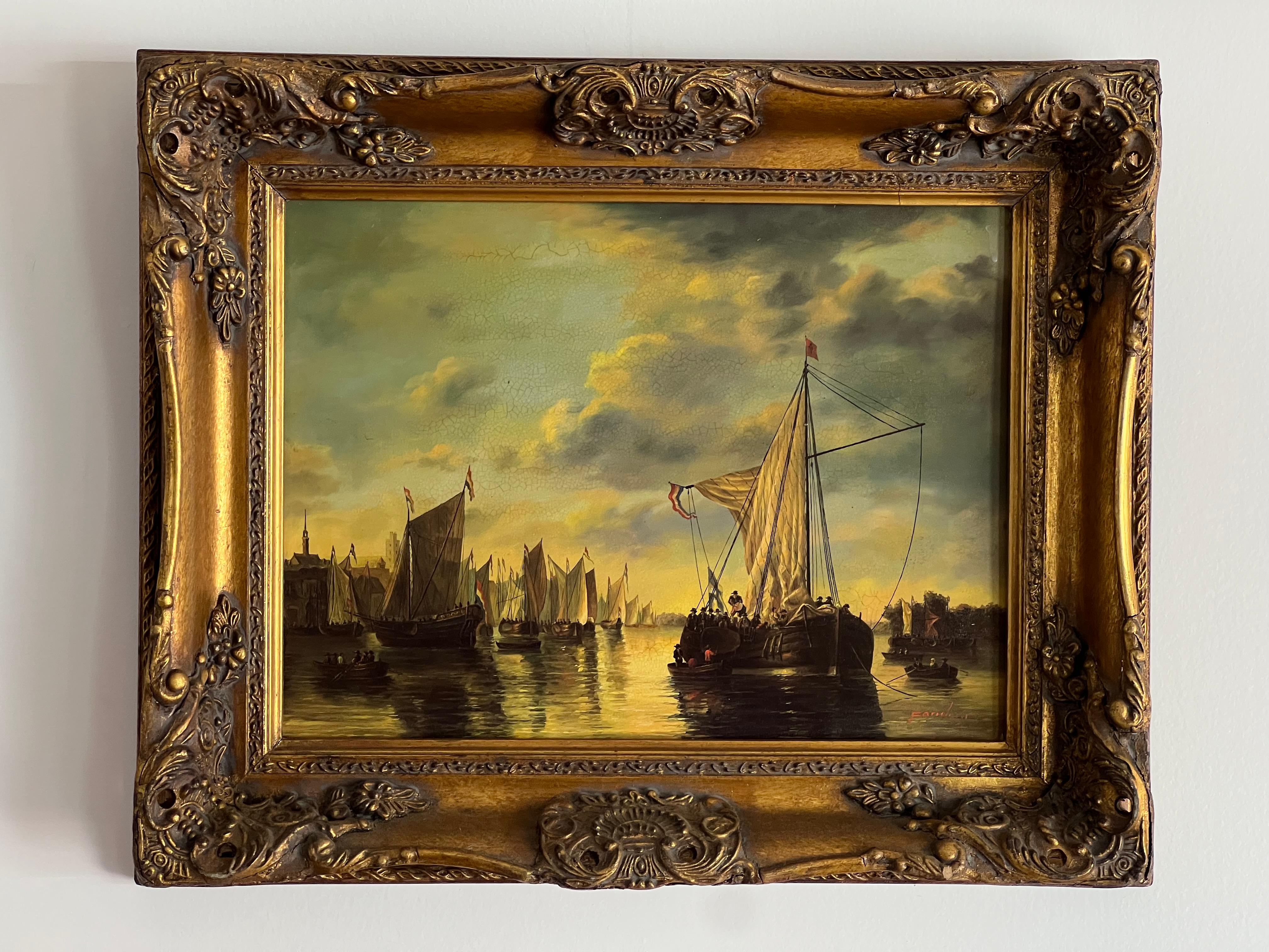 Dieses Vintage-Ölgemälde zeigt eine dramatische französische Hafenszene, signiert vom Künstler Fandent. Die Komposition besteht aus detailreichen Segelschiffen, deren Masten und Segel vor einem leuchtenden Abendhimmel stehen. Das Spiel von Licht und