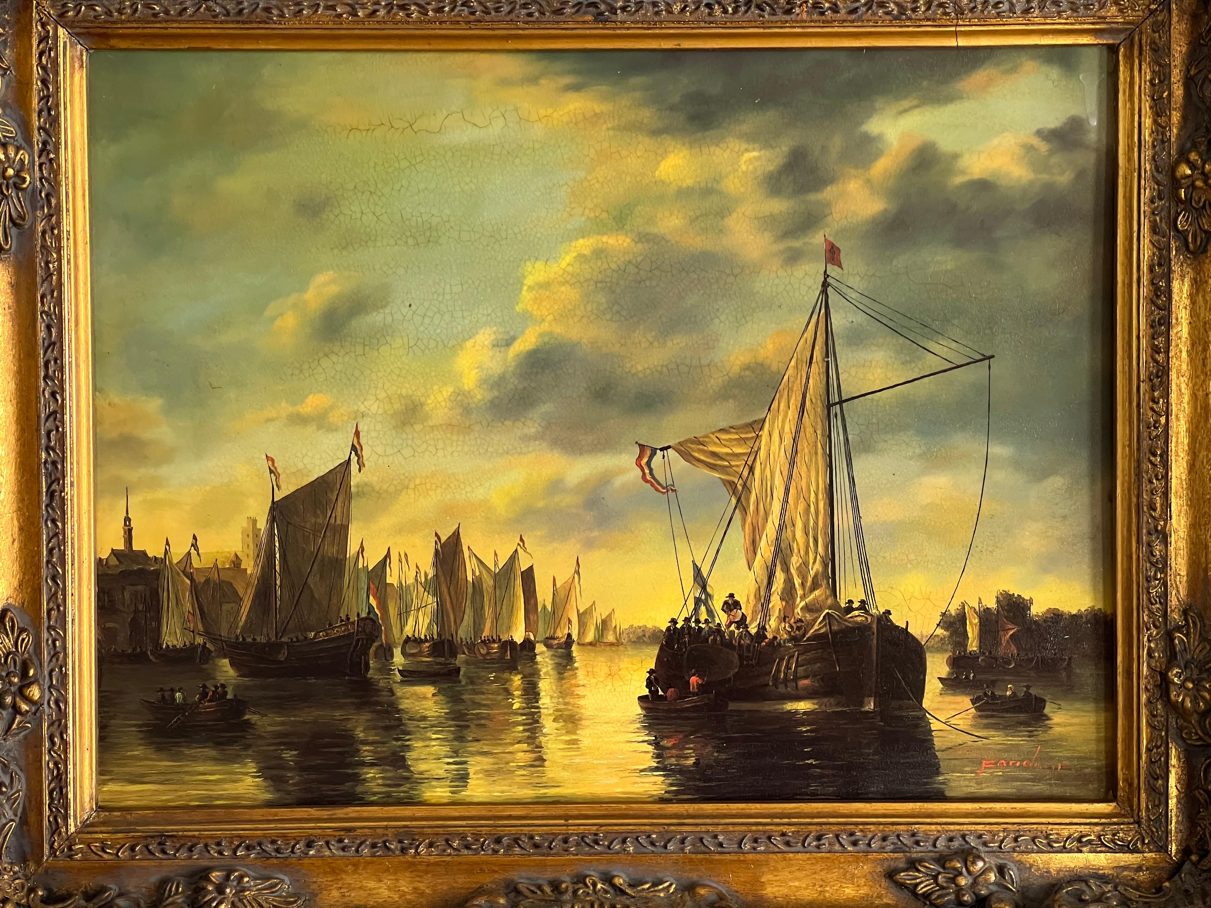Vintage Öl auf Brett von Französisch Hafenszene signiert Fandent (Colonial Revival) im Angebot