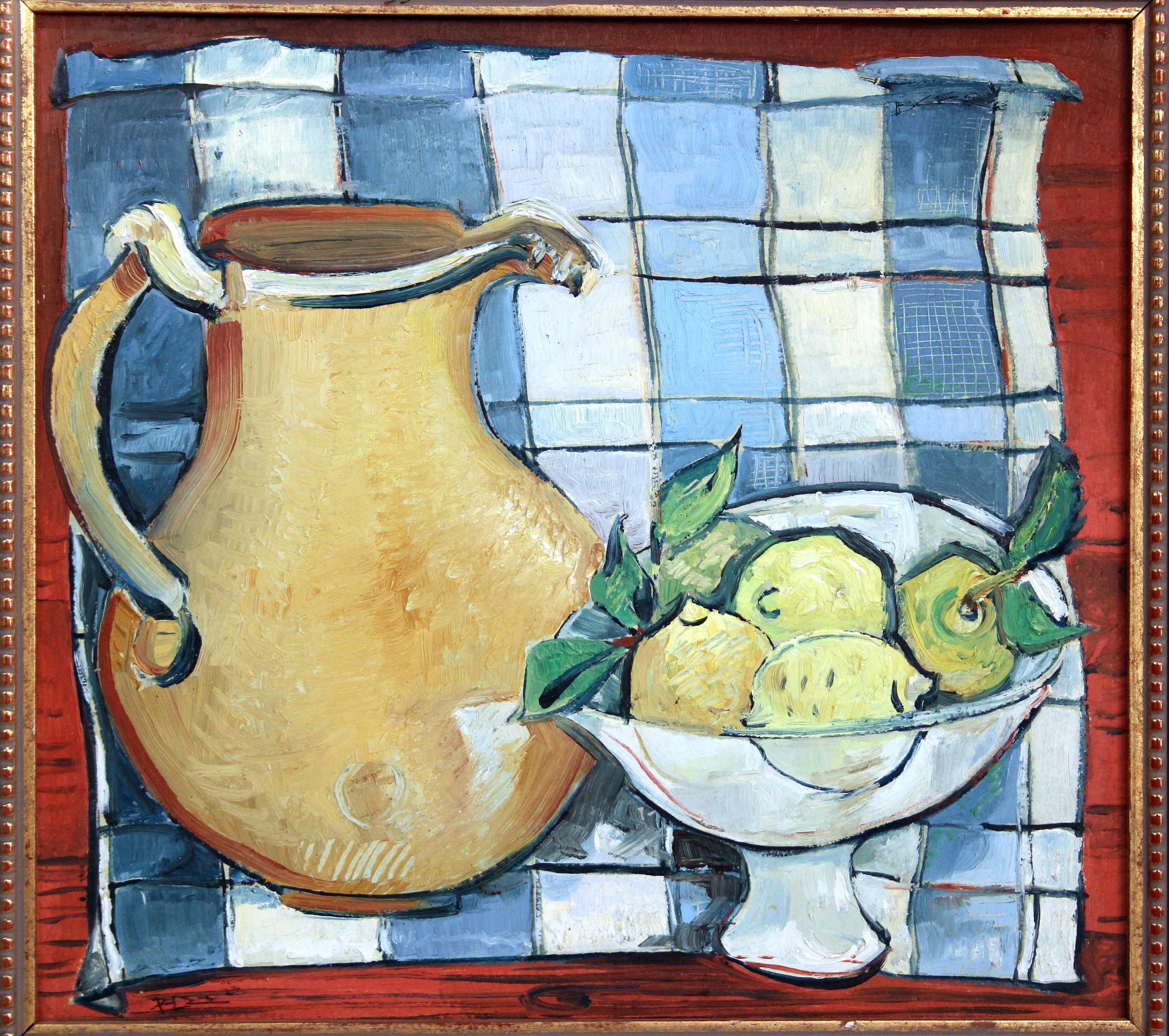Vintage still life oil painting on board depicting a pitcher and a bowl of lemons on a checkered towel. Nicely done in confident technique with balanced composition, good color, and strong contrasts. Nice quality, attractive gilt wood frame.