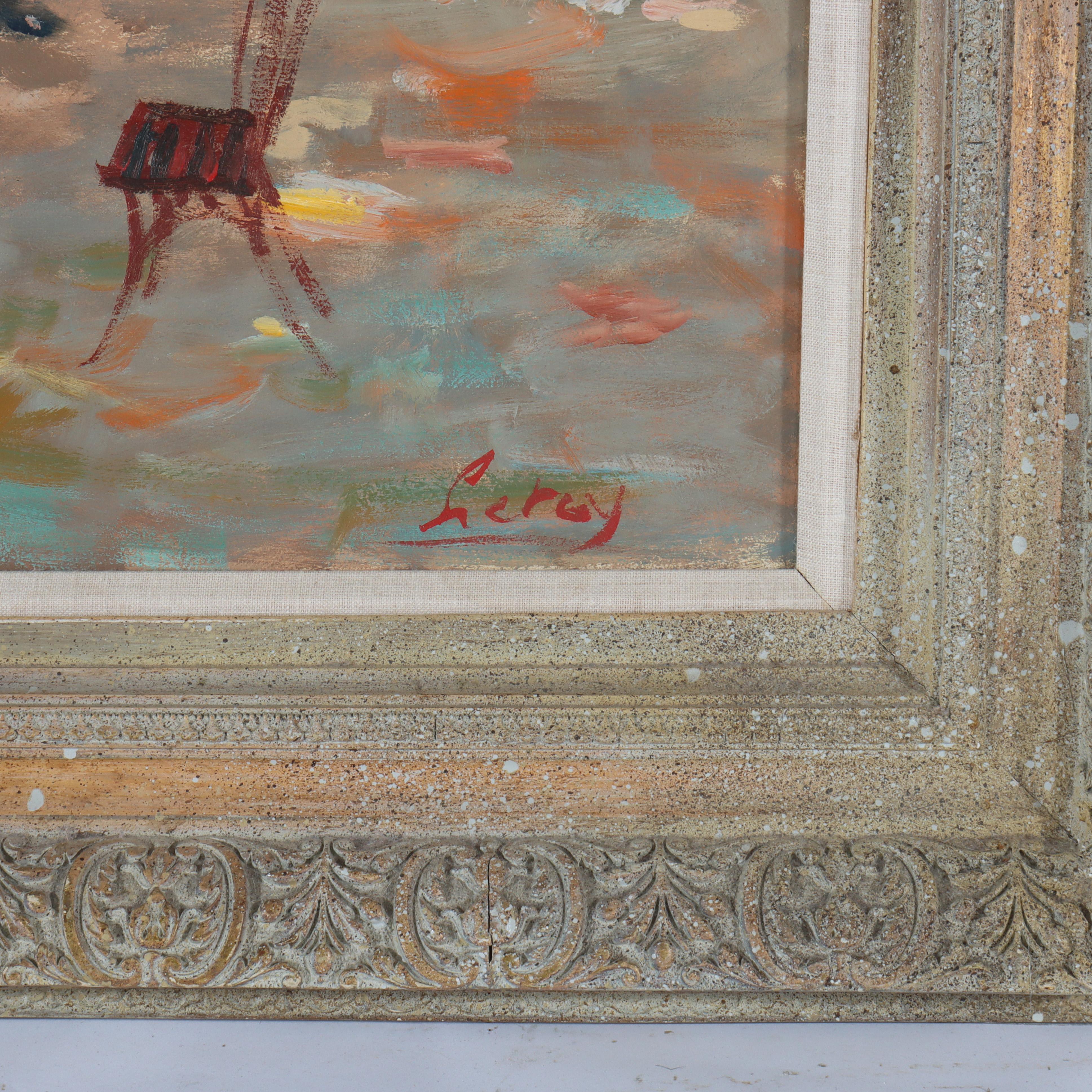 Vintage Öl auf Karton Gemälde eines Französisch Straßenszene von LeRoy C1950 im Zustand „Gut“ im Angebot in Big Flats, NY