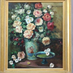 Vintage Oil On Canvas Floral Still Life Painting Of Garden Roses C1960