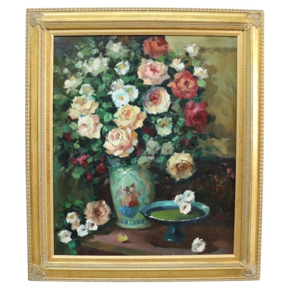 Vintage Oil On Canvas Floral Still Life Painting Of Garden Roses C1960