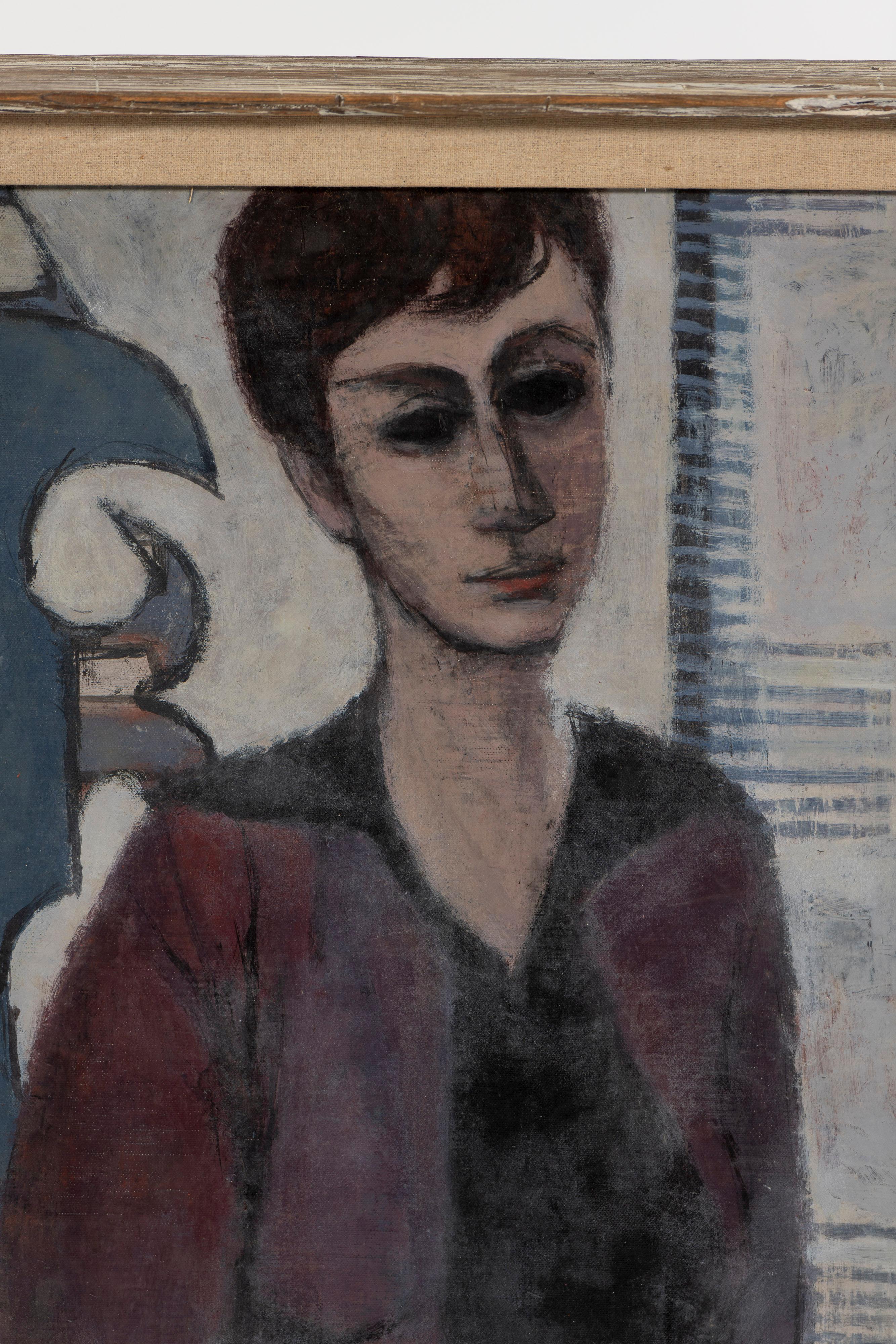 Original framed oil on canvas painting of a contemplative woman holding her book,  by Robert L. Jackson. Muted hues and simple line, this vertical modern painting is likely from the mid 20th Century. 