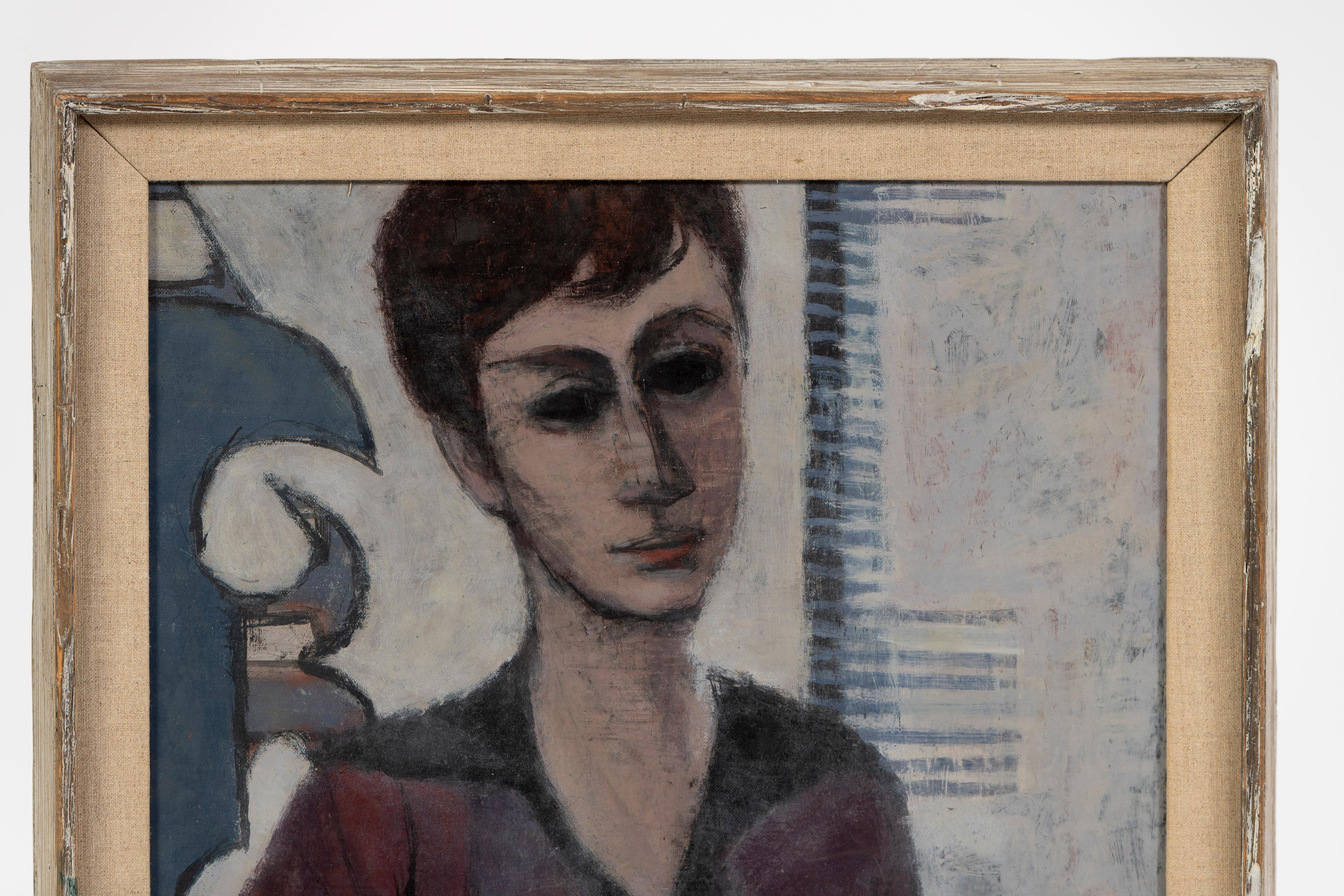 Mid-Century Modern Vintage Oil on Canvas, Framed, Pensive Woman with Book, by Robert L. Jackson, US