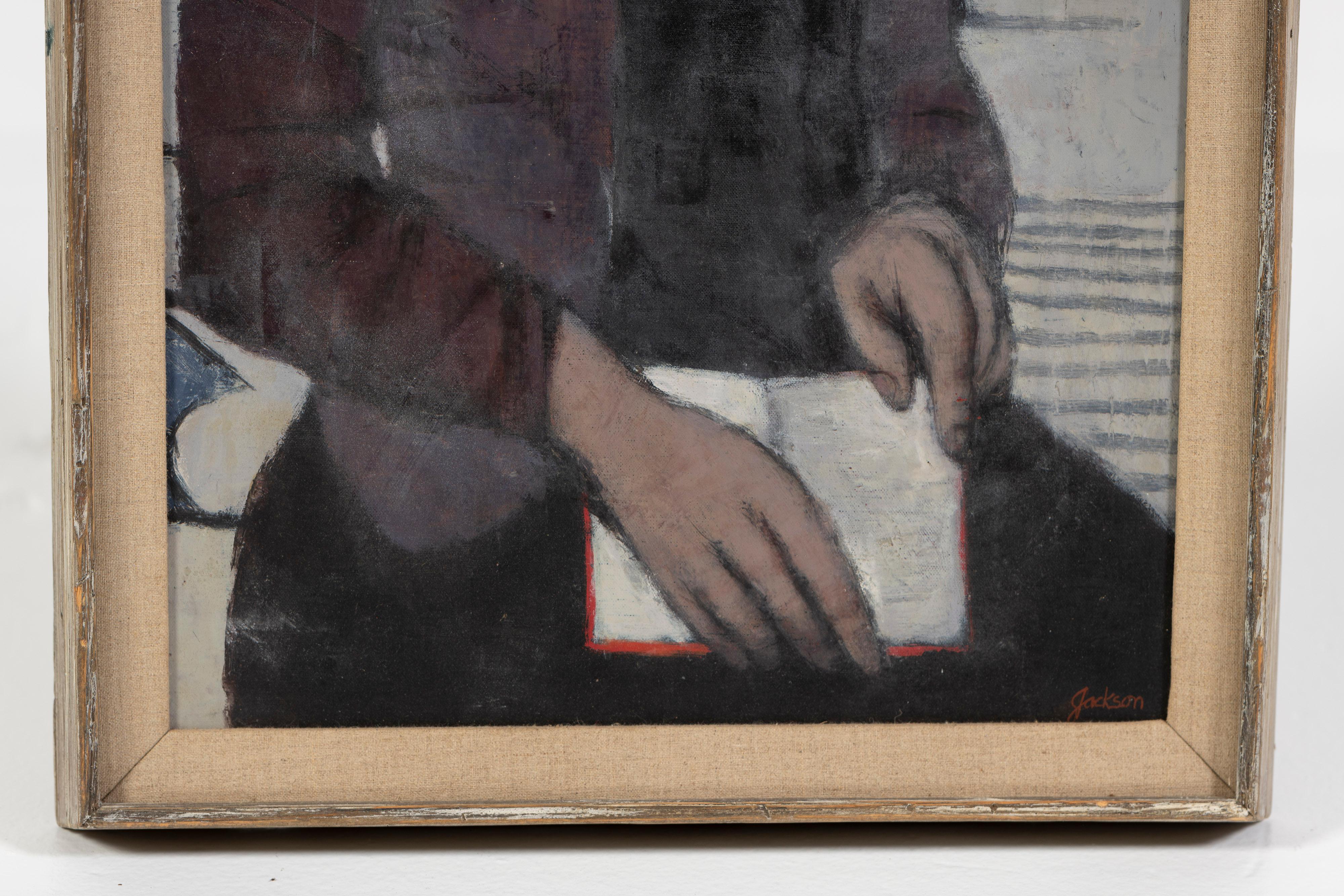 American Vintage Oil on Canvas, Framed, Pensive Woman with Book, by Robert L. Jackson, US