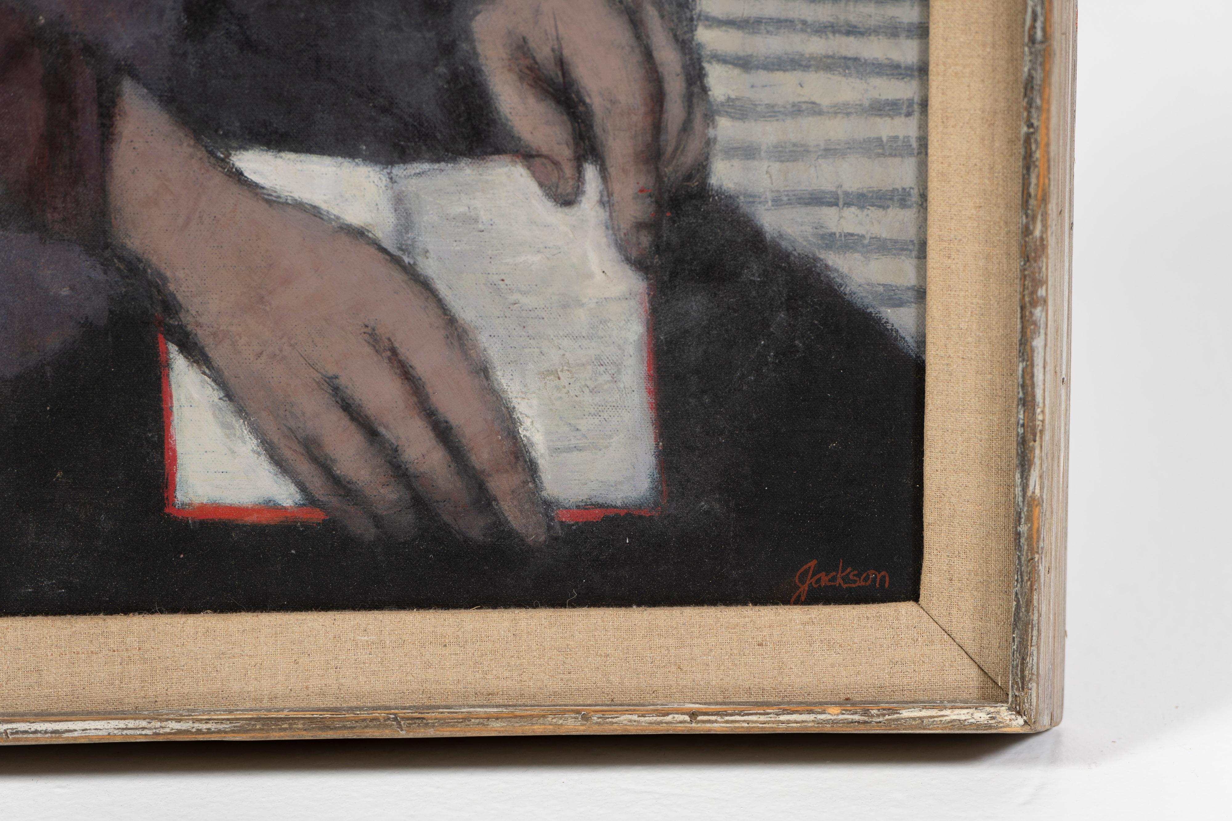 Hand-Painted Vintage Oil on Canvas, Framed, Pensive Woman with Book, by Robert L. Jackson, US
