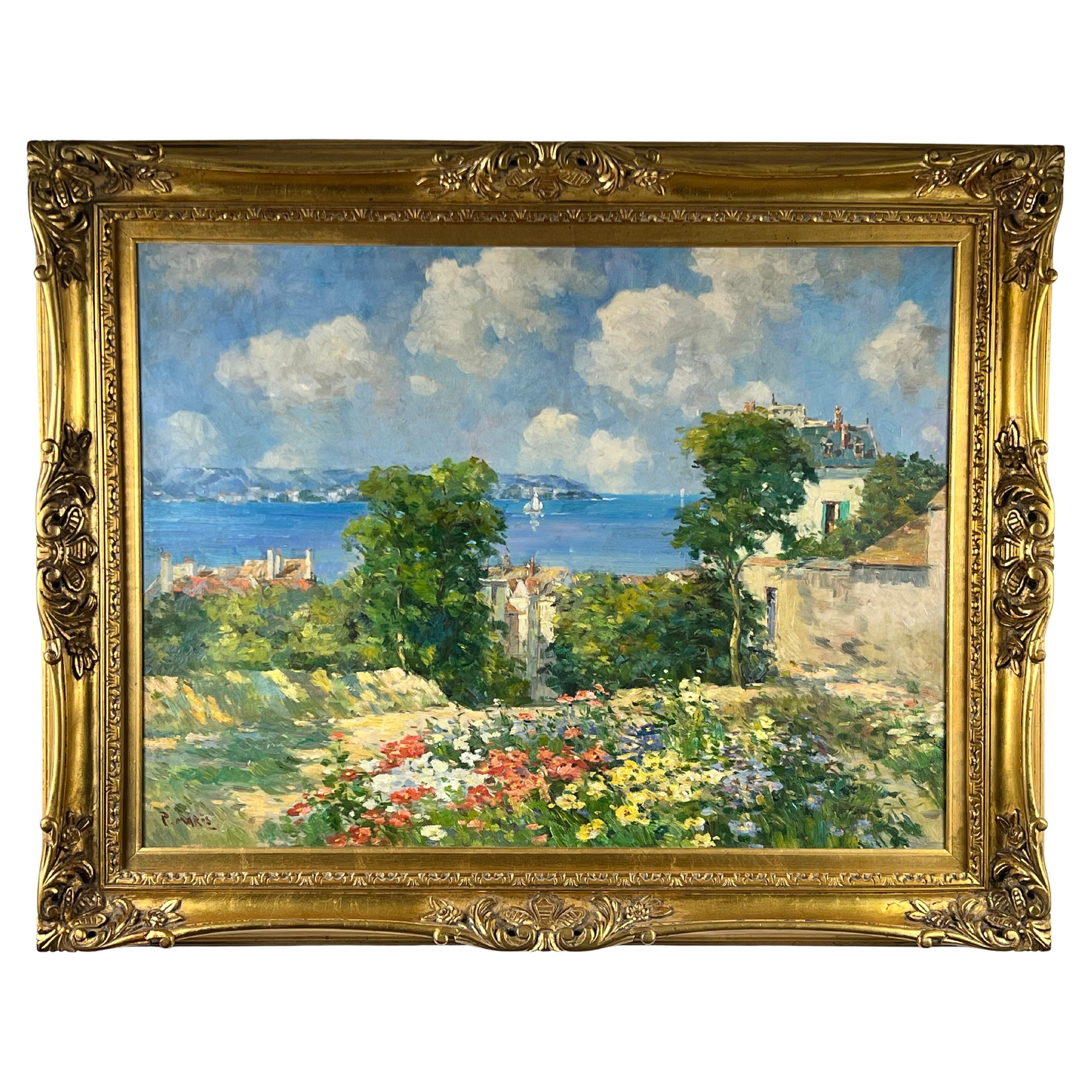 Vintage Oil on Canvas Impressionist Painting of Summer Coastal Scene Signed P. M