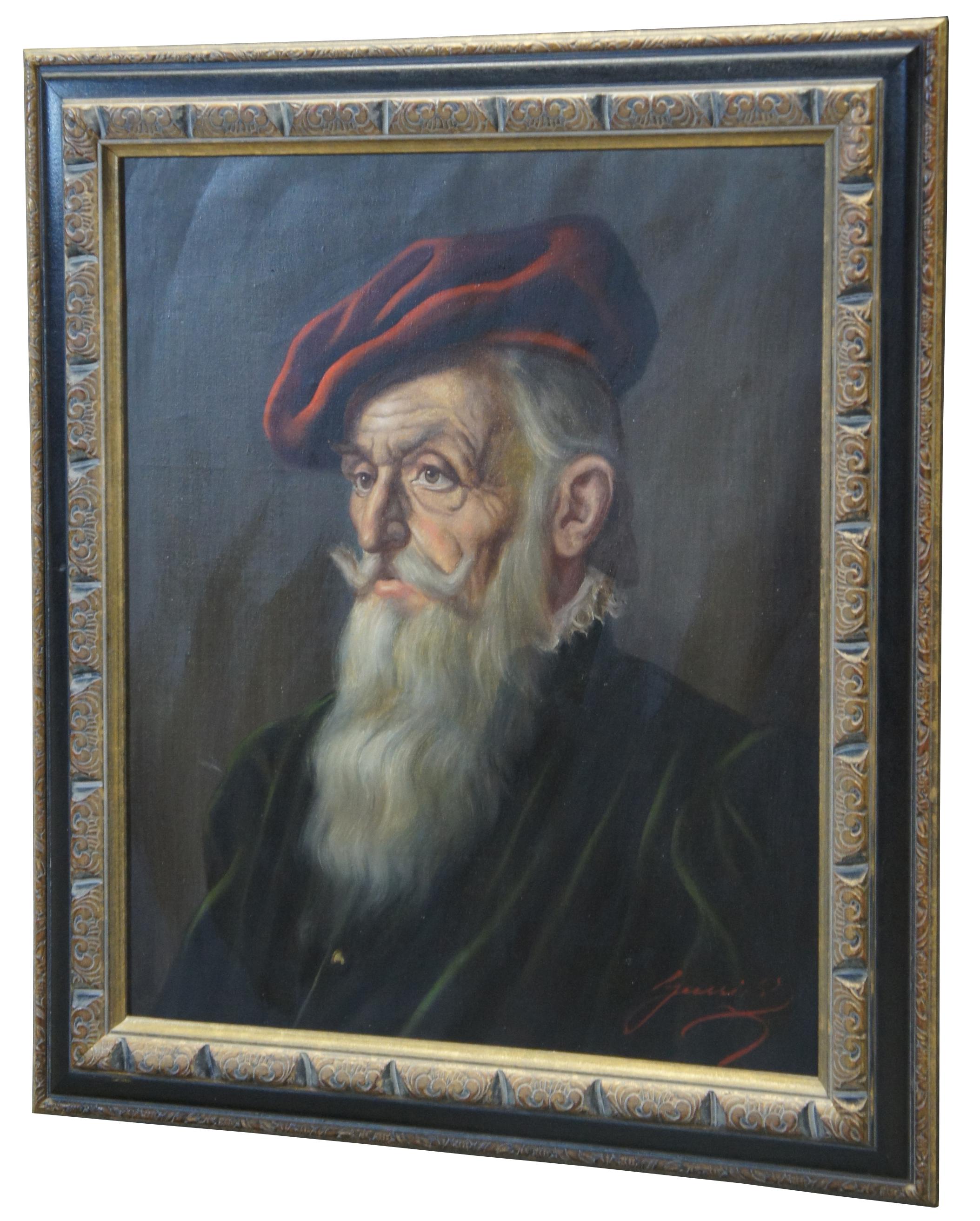 Vintage 20th century oil on canvas painting by Hungarian artist Jeno Gussich (1905 -), showing an old man with white hair and beard, wearing a dark green velvet smock with an Elizabethan style lace collar and red beret.

Measures: 25.25” x 1” x